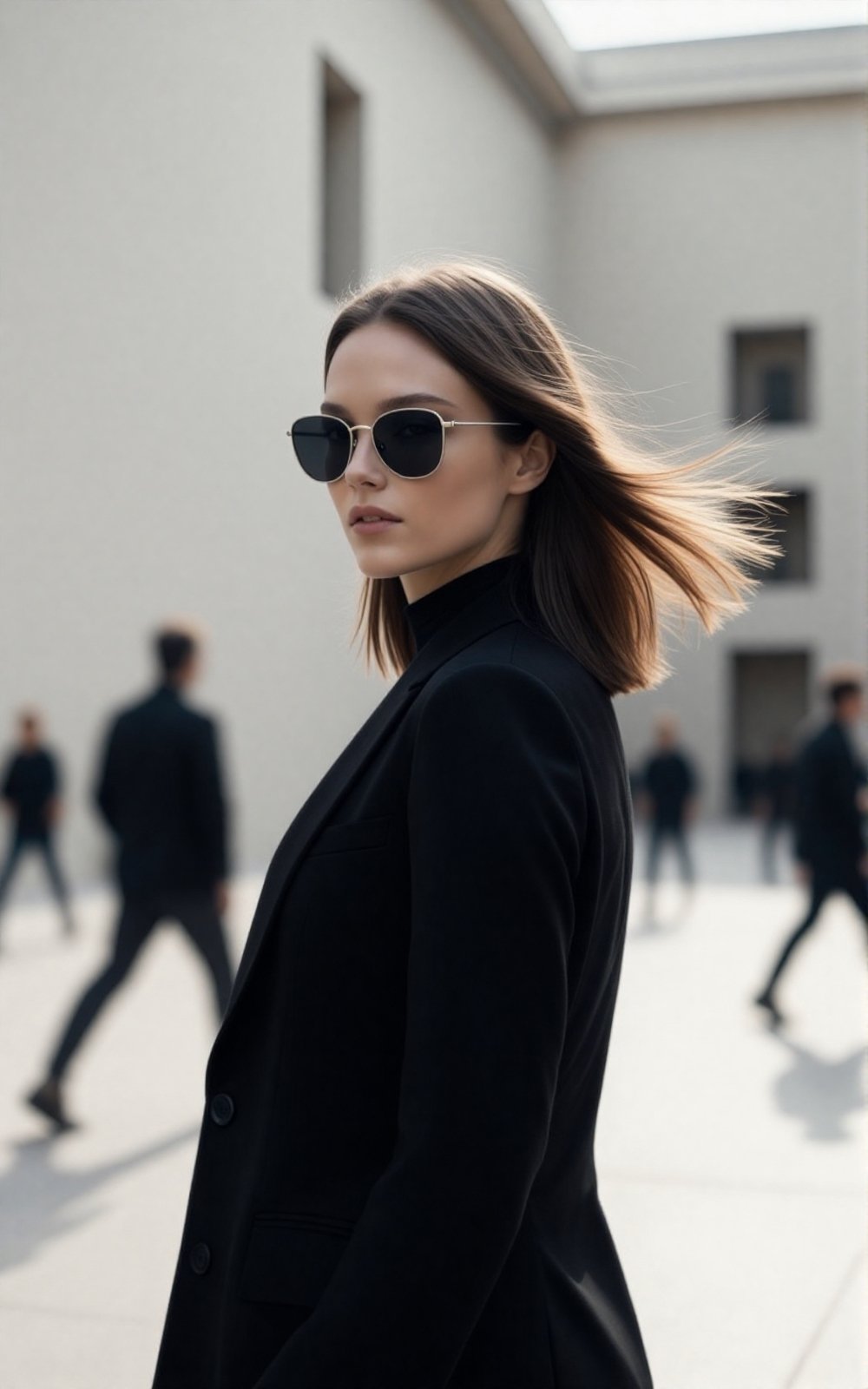 A contemporary street-fashion editorial portrait of a confident young woman standing at the center of a wide museum plaza....