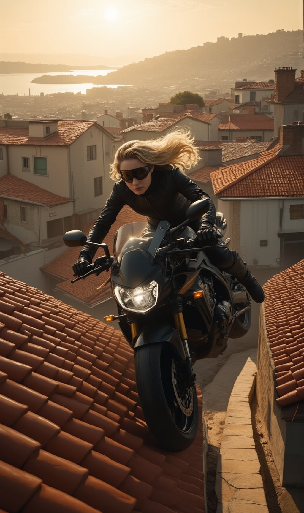 A daring blonde spy races across the rooftops of a suburban neighborhood on the outskirts of Istanbul, her sleek motorcycle roaring as it leaps from one roof to another. The terracotta-tiled rooftops blur beneath her as she expertly navigates the narrow spaces between buildings, the city skyline visible in the distance. Her hair flows wildly in the wind, contrasting with the dark leather jacket and tactical gear she wears. The sun is low on the horizon, casting long shadows and a warm golden hue over the chaotic scene. In the background, the ancient city of Istanbul looms, while the quiet streets below contrast with the intense rooftop chase. It’s a thrilling, high-stakes moment, reminiscent of an action-packed scene from Taken 3.
BREAK
realistic,detailed,sharp focus,high contrast,rule of thirds,depth of perspective,award-winning photo,chiaroscuro,beauy_ks01,ek_art_b00ster,ek_ph0t0_b00ster