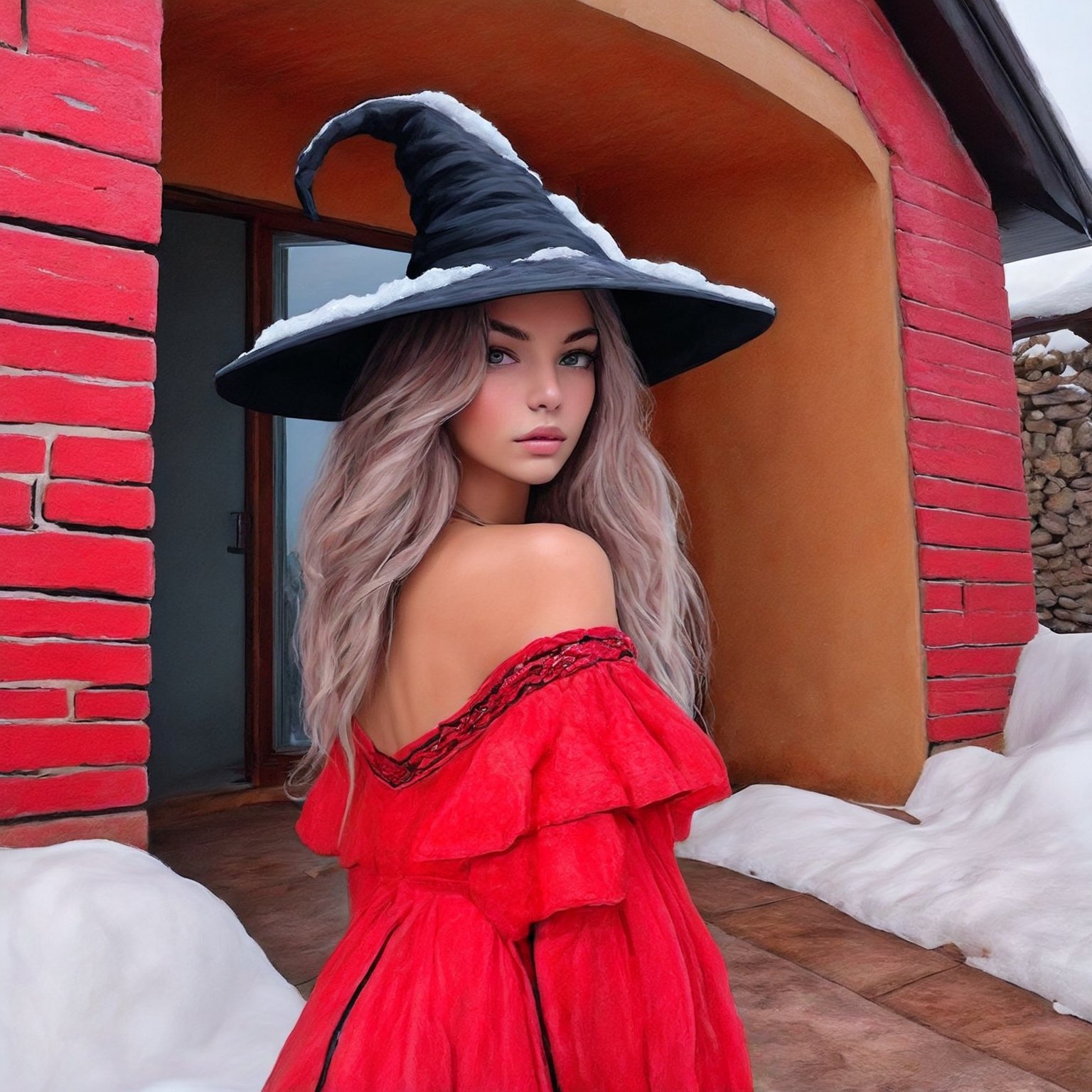 ((Ultra-Detailed)) portrait of a girl wearing a witchhat, standing in front of a modern resort house,1 girl,20yo,detailed exquisite face,soft shiny skin,playful smirks,detailed pretty eyes,glossy lips 
BREAK
(backdrop:modern style mountain house,windows,brick and stone walls,snow,tree,road),(girl and house focus)
BREAK 
sharp focus,high contrast,studio photo,trending on artstation,ultra-realistic,Super-detailed,intricate details,HDR,8K,chiaroscuro lighting,vibrant colors,by Karol Bak,Gustav Klimt and Hayao Miyazaki,
inkycapwitchyhat,real_booster,photo_b00ster,InkyCapWitchyHat,w1nter res0rt,art_booster