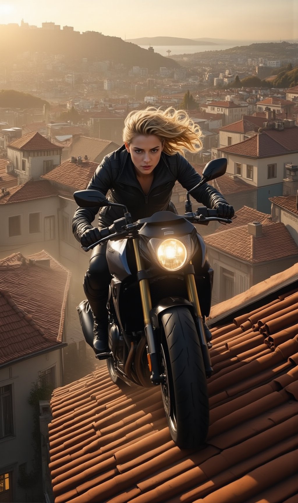 A daring blonde spy races across the rooftops of a suburban neighborhood on the outskirts of Istanbul, her sleek motorcycle roaring as it leaps from one roof to another. The terracotta-tiled rooftops blur beneath her as she expertly navigates the narrow spaces between buildings, the city skyline visible in the distance. Her hair flows wildly in the wind, contrasting with the dark leather jacket and tactical gear she wears. The sun is low on the horizon, casting long shadows and a warm golden hue over the chaotic scene. In the background, the ancient city of Istanbul looms, while the quiet streets below contrast with the intense rooftop chase. It’s a thrilling, high-stakes moment, reminiscent of an action-packed scene from Taken 3.
BREAK
realistic,detailed,sharp focus,high contrast,rule of thirds,depth of perspective,award-winning photo,chiaroscuro,beauy_ks01,ek_art_b00ster,ek_ph0t0_b00ster