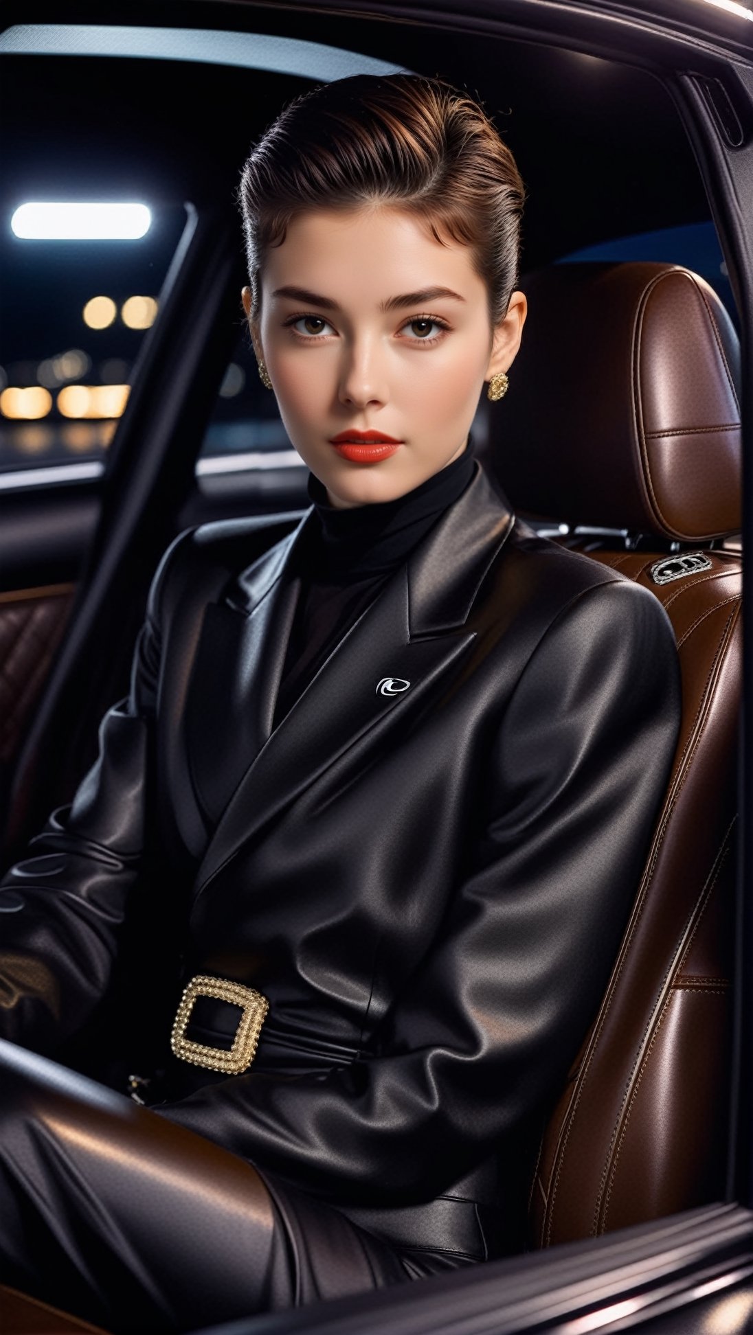 Hyper-Realistic photo of a girl sitting in the driving seat of Lexus at night,  20yo,  1girl by EclipseKww on Tensor.Art