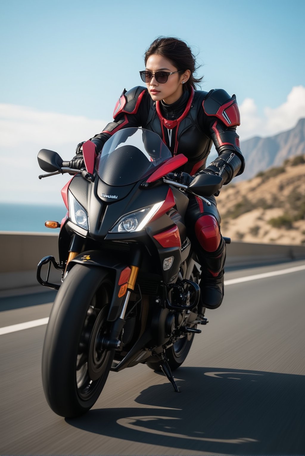 a cyborg girl in mecha armor,20yo,black and red colored armor,neon light lines glowing,sunglasses,riding kawasaki ninja h2r at high speed,coast highway  backdrop,sky,clouds,dynamic pose,focused expression
BREAK
masterpiece,best quality,realistic,detailed,sharp focus,high contrast,rule of thirds,chiaroscuro lighting,ek_g1rl_02,ek_art_b00ster