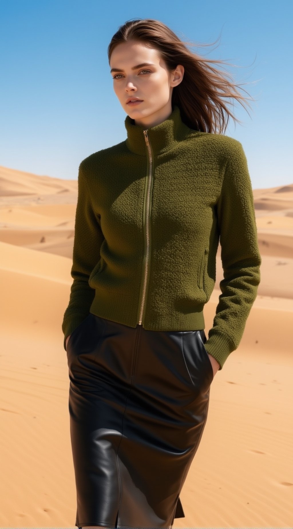 a full-body high-fashion editorial shot of a chic woman with a slender oval face,  high cheekbones,  sharp almond eyes by...