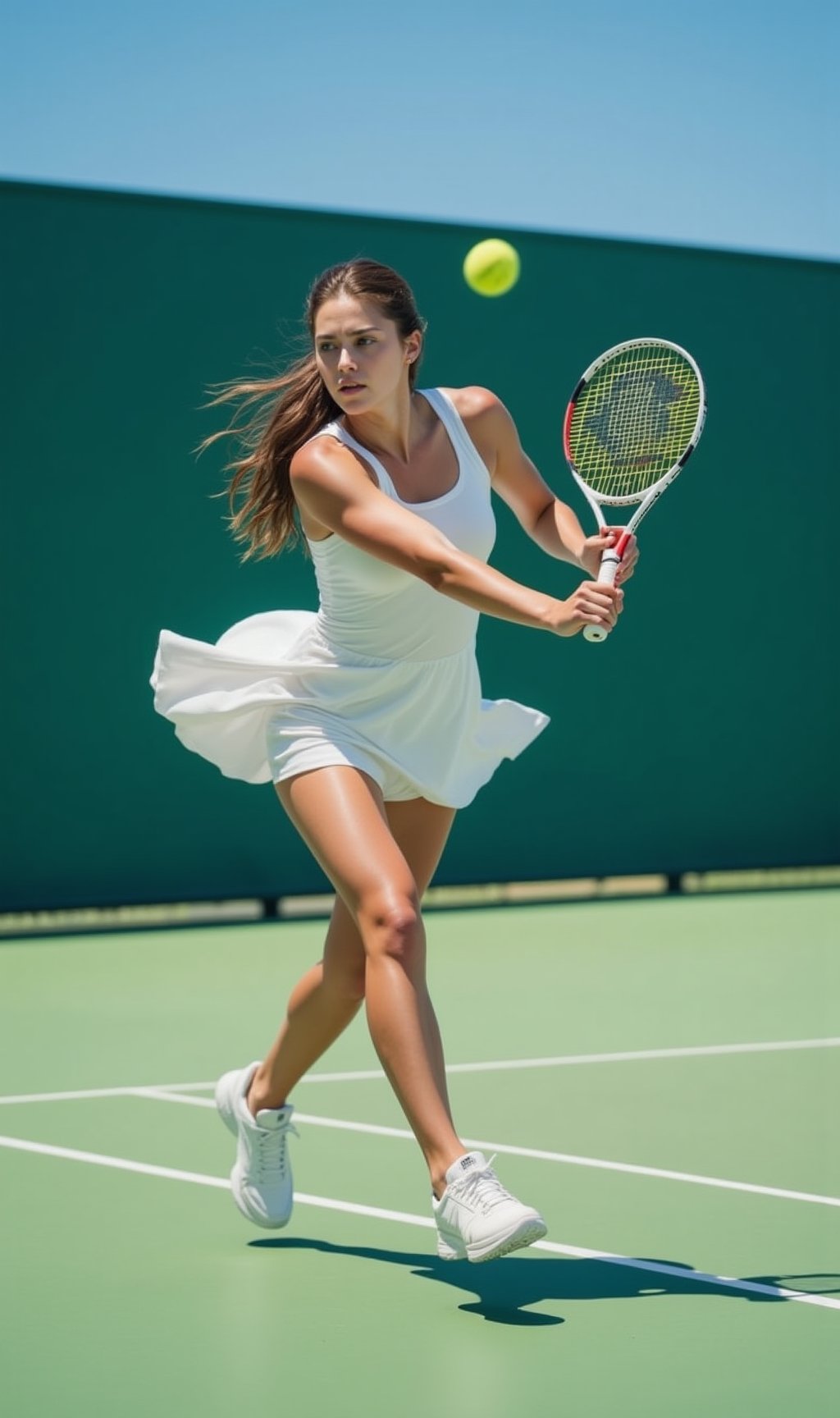 A graceful woman stands mid-motion on a pristine tennis court,  her athletic figure poised as she swings her racket with p...