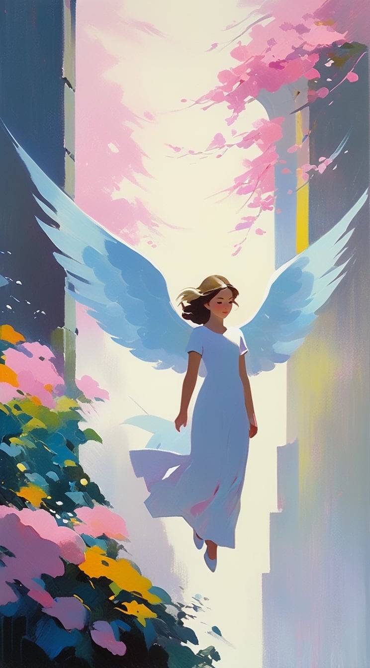 Heaven: (Full figure) Portrait of Angel girl flying in beautiful unreal world,white pink yellow colored angel,trees and flowers and castles backdrop,unearthly,mysterious,looking at viewer,peaceful,lights,bokeh,acrylic painting,trending on pixiv fanbox, palette knife and brush strokes, style of makoto shinkai, jamie wyeth, james gilleard, edward hopper, greg rutkowski, studio ghibli,artistic oil painting