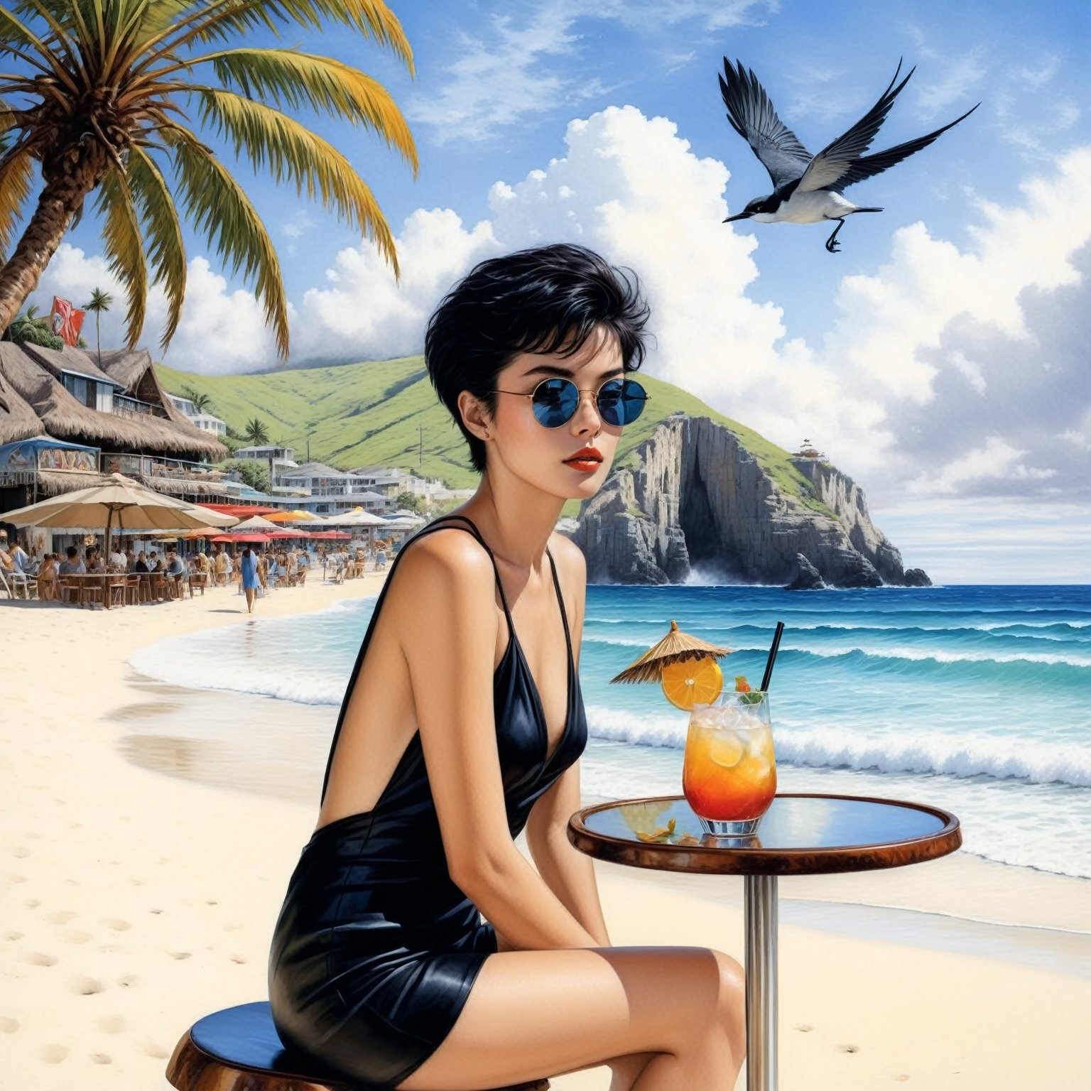 Hyper-Realistic photo of a beautiful girl sitting at a cocktail bar on a beach,  detailed exquisite face,  short black hai...