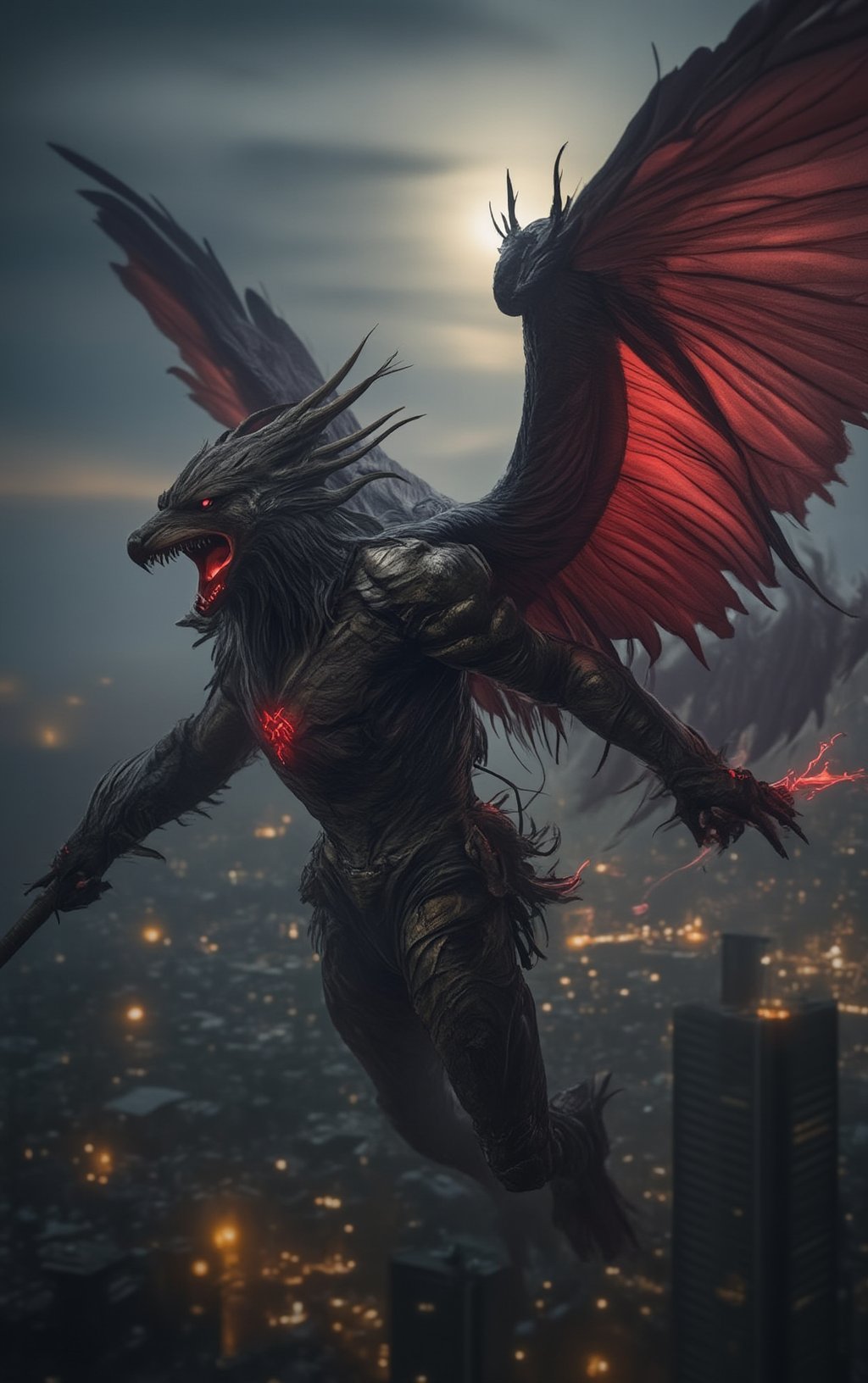 In the skies over the city, two new formidable enemies descend—one with a wolf-like head, and the other with an eagle-like head. Both creatures have crimson wings that shimmer ominously in the dim light, their massive forms cutting through the air. They wear dark armor resembling demonic knights, with glowing red symbols across their chests and arms. In their hands, they wield menacing weapons: the wolf-headed demon grips a spear crackling with energy, while the eagle-headed one holds a long battle axe, both of them poised to strike.
BREAK
realistic,detailed,sharp focus,high contrast,rule of thirds,depth of perspective,award-winning photo,chiaroscuro lighting,ek_g1rl_02,ek_ph0t0_b00ster,ek_art_b00ster,ek_real_b00ster