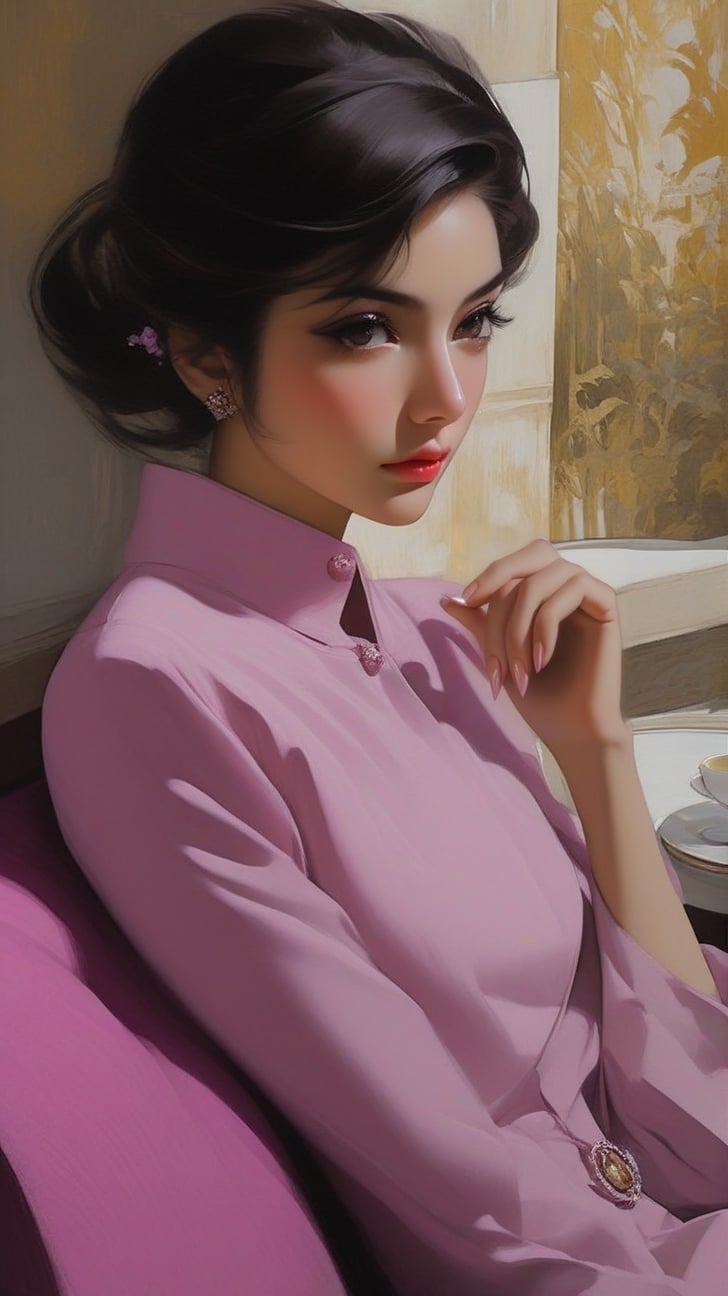 portrait of a sophisticated girl,20yo,sitting in cafe,alluring neighbor's wife,clear facial features,detailed exquisite face,perfect female form,hourglassfigure,elegant jacket on dress,detailed backdrop,(Flamingo Pink,Stained Beige,Purple Gray,Creamy White color),
trending on artstation,perfect composition,cinematic lighting,anime vibes, Kugisaki nobara,(close up),by Karol Bak, Alessandro Pautasso and Hayao Miyazaki
BREAK A realistic photo of modern luxury cafe in winder resort1,snow,tree,winter resort1