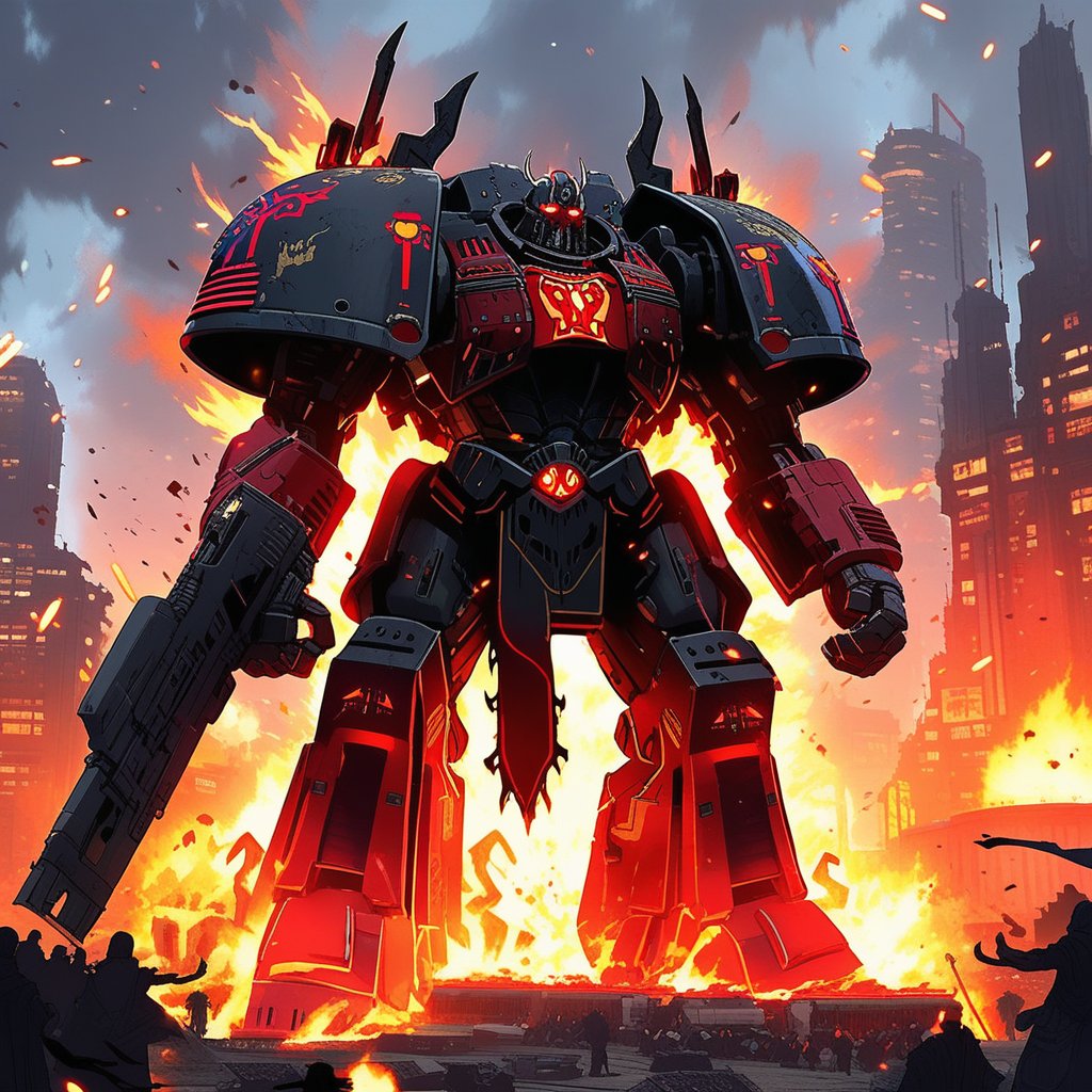 a Warhammer 40k IMPERIUM Skorpek Destroyer \(ek_ct4k\) standing in a battle field,black and red colored armor,ek_game_3ffect,blurry city background,explosion,fire,flame,dynamic angle,anime style by Makoto Shinkai,ek_ph0t0_b00ster, ek_an1_b00ster,upper body shot