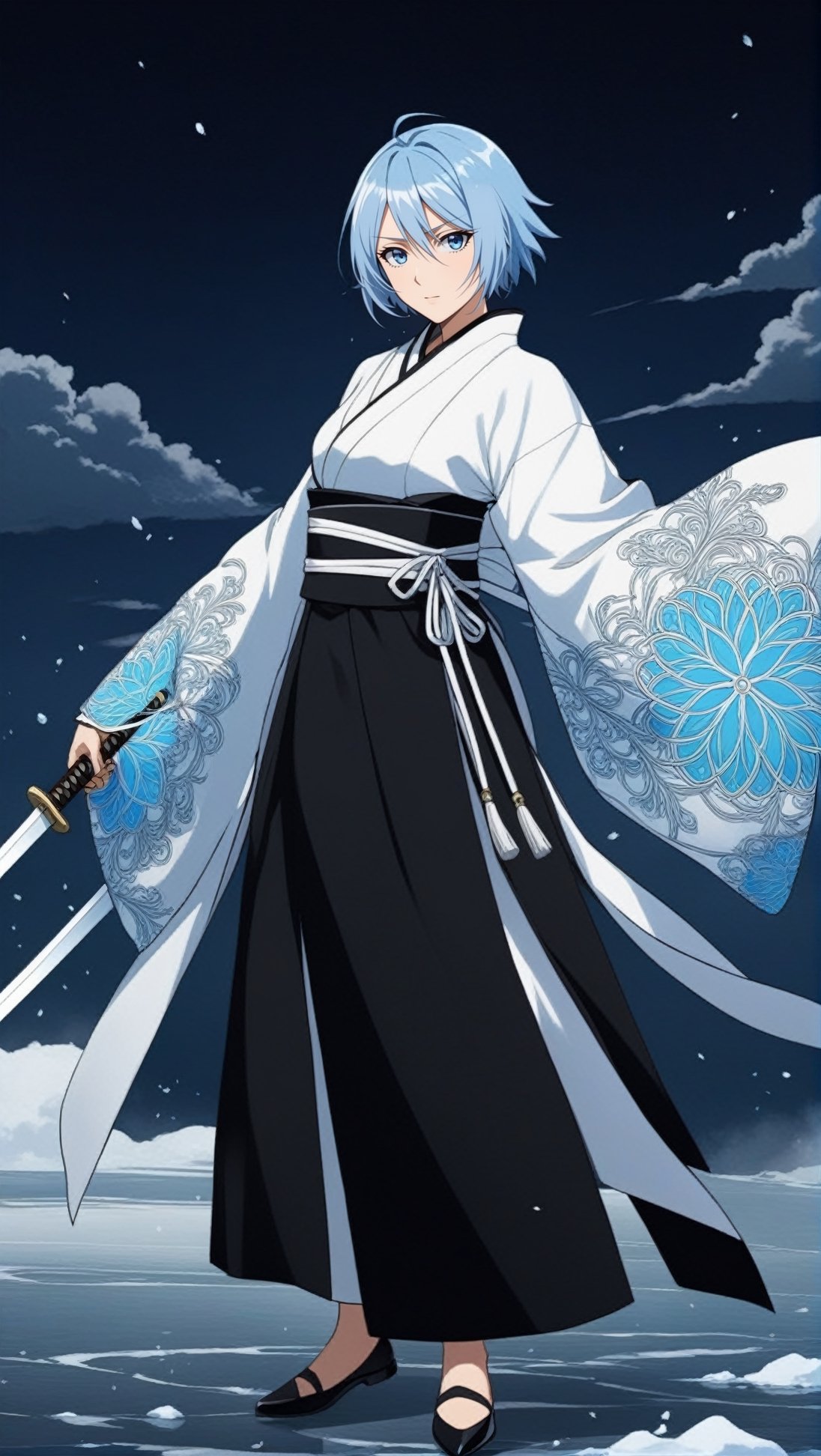 Hyper-detailed anime of 1girl,solo,kuchiki rukia \(Bleach\),short hair,blue eyes,light blue hair,model body,perfect female form,fairy-like,weapon,(White japanese clothes:1.3),sword,swinging sword,cloud,(white Majestic luxurious and elegant kimono for royalty:1.3),flowing lines from clothes,ice pieces,bankai force \(Bleach\),ice smoke,strong aura,white ice and snow,holy atmosphere,mesmerizing,katana,letterboxed,fullbody,low-key,cluttered maximalism
BREAK 
(rule of thirds:1.3),perfect composition,trending on artstation,(thick and clear drawing lines:1.3),(masterpiece,best quality,32K,UHD,sharp focus,high contrast,hyper-detailed,intricate details,ultra-clear,cinematic lighting,vivid colors:1.5),ani_booster, real_booster