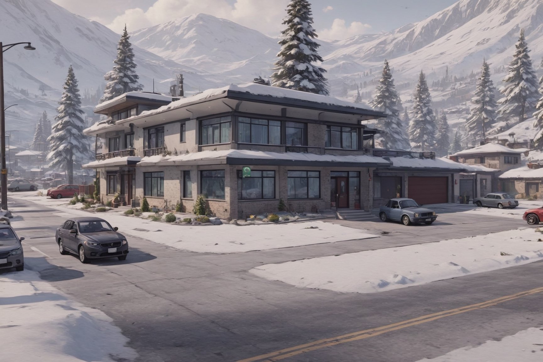 a beautiful resort center,modern style house,no wood house,sign,window,shop,snow, street,trees,brick and concrete material,poster composition,sunny day, cool, aesthetic, full resort center in frame,cars parked on street,highly detailed, 8k, ultra sharp, masterpiece, realistic, detailed house,H effect,Comic Book-Style 2d,w1nter res0rt