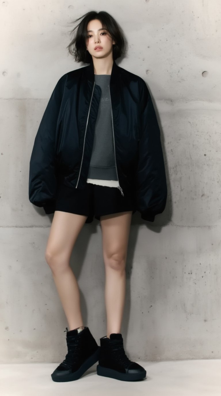 A high-fashion full-body editorial shot of a young korean woman standing confidently against a textured concrete wall,  to...