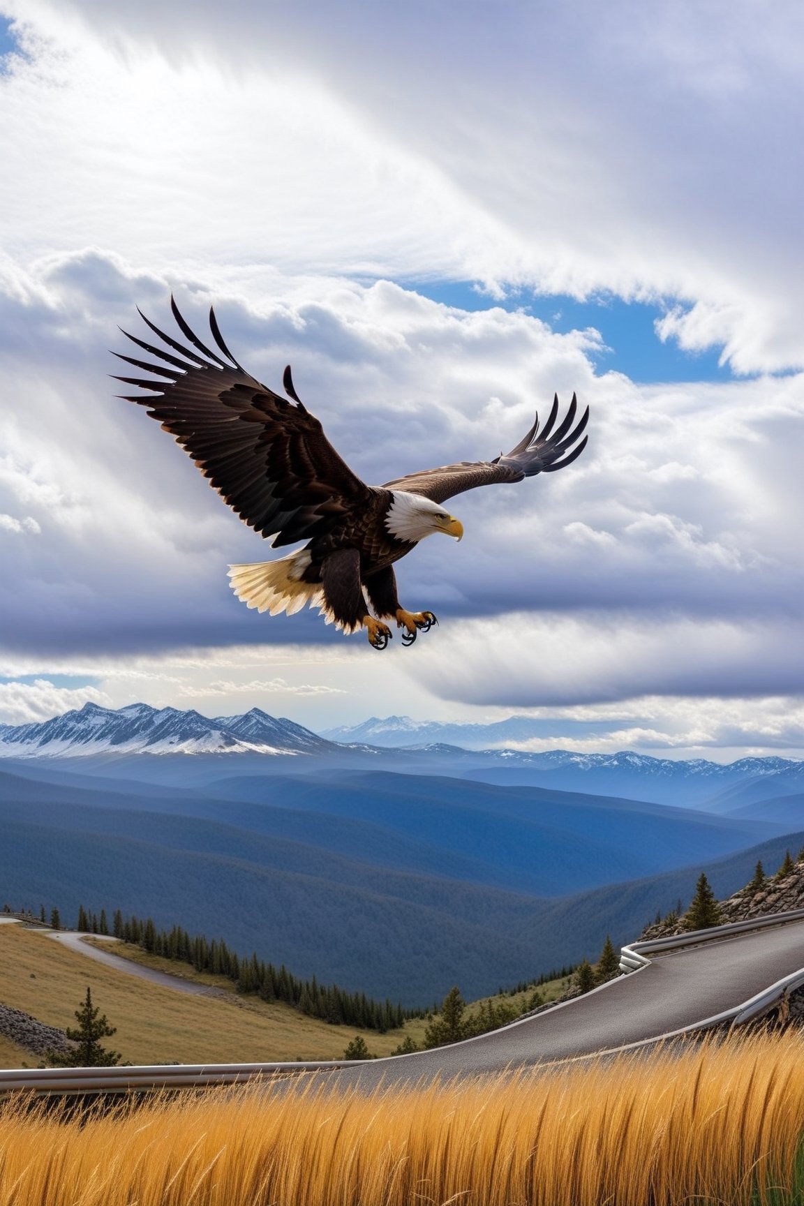 Hyper-Realistic photo of an eagle flying in the sky,  cluttered maximalism BREAK (backdrop of lamarva11ey,  outdoors by Ec...