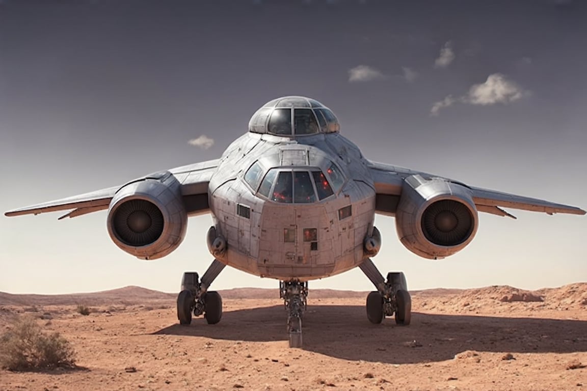 ((Ultra-realistic)) photo of a aircraft parked on a desert,landing legs,jet engines on wings,two wings,blunt head,cannons on head side,canopy on head top,red lights on head bottom,left side view,left side entrance door open,(jet engines built at wing ends:1.2),starship,star wars,(left side view:1.3)
BREAK
(backdrop of Detailed Realistic desertt,sky,cloud:1.2), depth of perspective,aircraft focus,(wide shot)
BREAK 
(sharp focus,high contrast,detailed,realistic,studio photo,trending on artstation,rule of thirds,perfect composition,cinematic lighting,masterpiece,
best quality,UHD,32K,HDR:1.3),
ek_raz0r_cre5t,ek_photo_booster