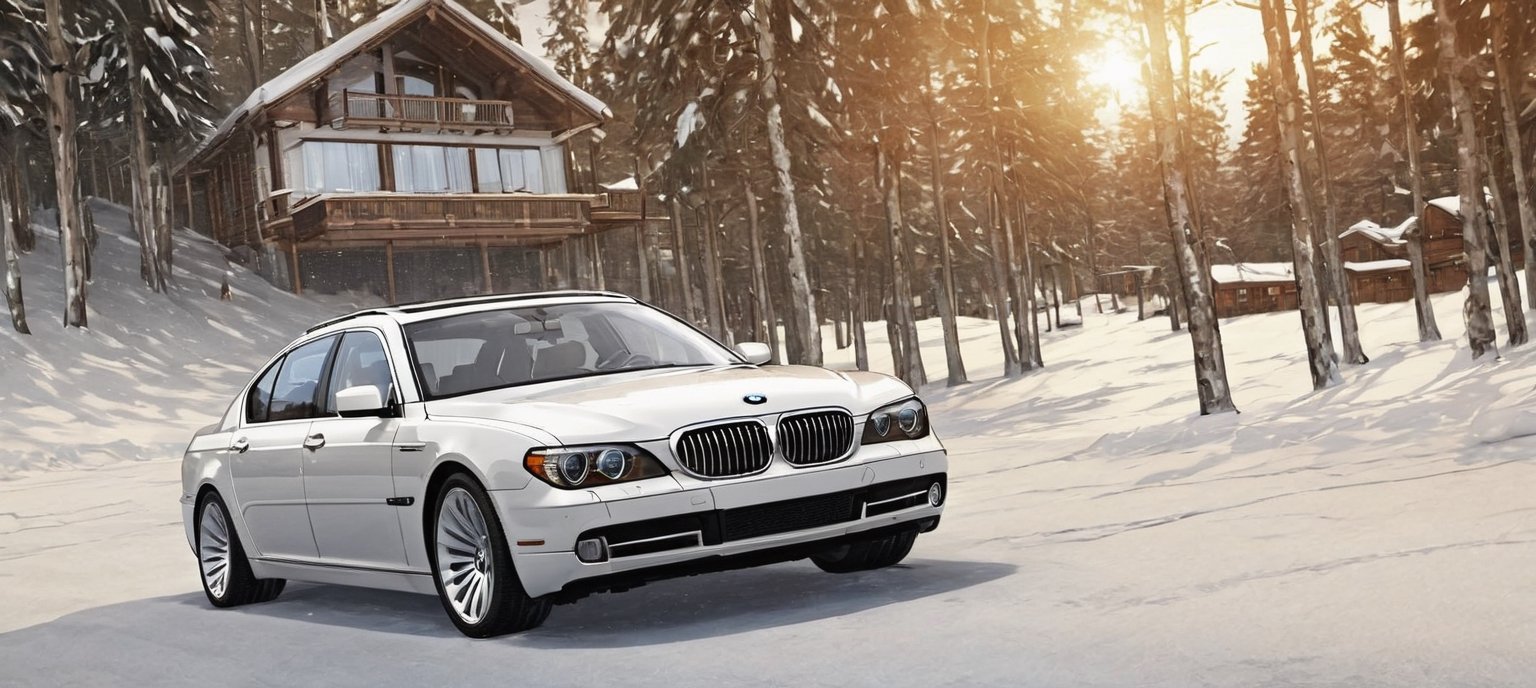 (2008 BMW 7 Series E65 designed by Chris Bangle), BMW 7 Series E65 parced on the backdrop of a resort cabin, modern style,no wood house,snow, trees, poster composition, sunny day, cool, aesthetic, full car in frame, full car picture, highly detailed, 8k, ultra sharp, masterpiece, realistic, detailed headlights, 4k headlight,H effect,Comic Book-Style 2d,w1nter res0rt