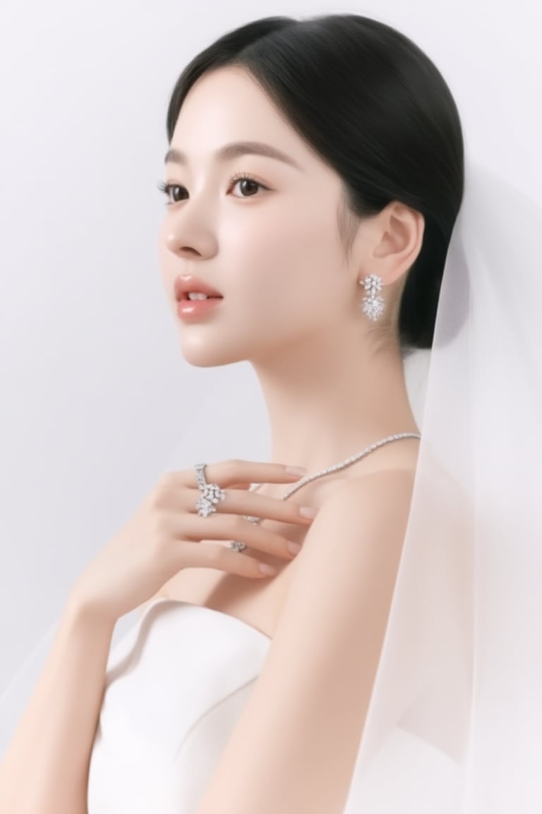High-end bridal jewelry editorial portrait,  refined woman in three-quarter profile,  soft confident gaze by EclipseKww on...