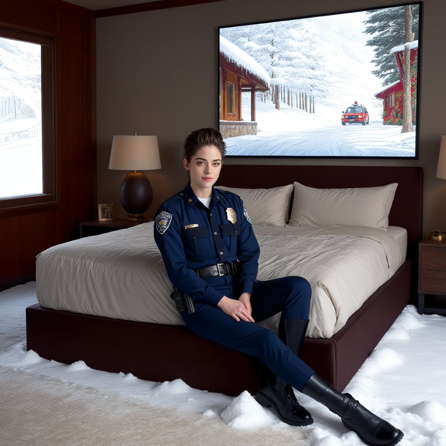 Hyper-Realistic photo of a beautiful LAPD police officer sitting on a bed in a winter resort house bedroom,20yo,1girl,solo,LAPD police uniform,cap,detailed exquisite face,soft shiny skin,smile,looking at viewer,Kristen Stewart lookalike,cap,fullbody:1.3
BREAK
backdrop:luxurious bedroom,pillow,carpet,lamp,large window,tree,curtain,snow road,police car,cluttered maximalism,girl focus
BREAK
settings: (rule of thirds1.3),perfect composition,studio photo,trending on artstation,depth of perspective,(Masterpiece,Best quality,32k,UHD:1.4),(sharp focus,high contrast,HDR,hyper-detailed,intricate details,ultra-realistic,kodachrome 800:1.3),(cinematic lighting:1.3),(by Karol Bak$,Alessandro Pautasso$,Gustav Klimt$ and Hayao Miyazaki$:1.3),art_booster,photo_b00ster, real_booster,w1nter res0rt