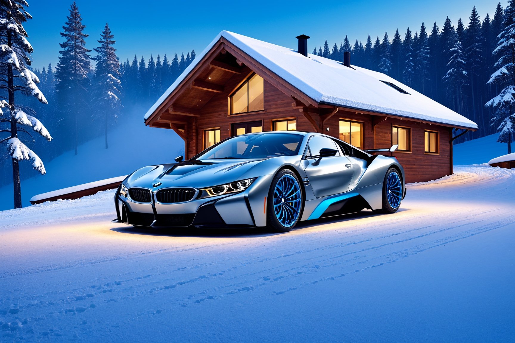 ((Hyper-Realistic)) photo of cabin and a car on a hill:outdoors,modern style cabin,(luxurious brick,concrete and stone textures in black and grey colors),no wood textures,snow,snowing, window,trees,aesthetic, rule of thirds,depth of perspective,studio photo,trending on artstation,(Hyper-realistic photography, masterpiece,ultra-detailed,intricate details,16K,sharp focus,high contrast,kodachrome 800,HDR:1.2),by Antonio Lopez,Diego Koi,David Parrish,Canaletto and Edward Hopper,H effect,real_booster,w1nter res0rt
BREAK
Ultra-realistic photo of racing car \(BMW Gina 2008\) in front of cabin,(stunning racing car decals:1.5),(body color:Cosmic Carbon Gray with Blue Glow),shiny spinning wheels,(wheel color: Black Chrome),glossy and luxurious alloy wheel,(bright turned on symmetrical head lights),silhouette in driver's seat,by Marcello Gandini,Giorgetto Giugiaro,Leonardo Fioravanti and Alex Issigonis,(cabin and car focus:1.3),more detail XL