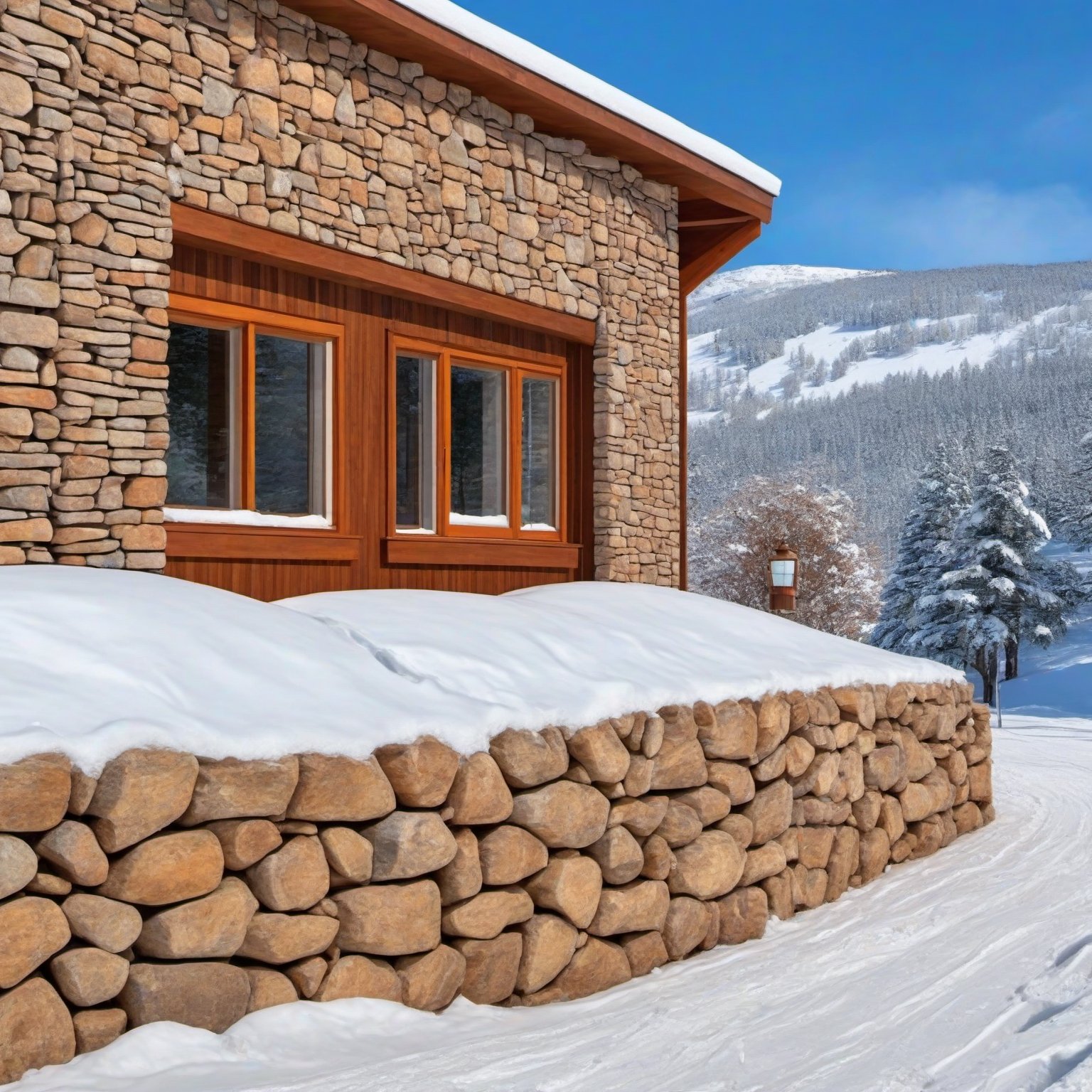 a beautiful cabin on a hill street,outdoors,modern style luxury cabin,luxurious brick concrete stone wall material,snow,window,trees,vibrant colors,(cool SUV next to cabin:1.5),cool,aesthetic,rule of thirds,studio photo,trending on artstation,(cabin focus),(masterpiece,8k,sharp focus,kodachrome 800,high contrast,masterpiece,HDR,hyper-realistic,ultra-detailed:1.2),H effect,real_booster,art_booster,ani_booster,more detail XL,w1nter res0rt