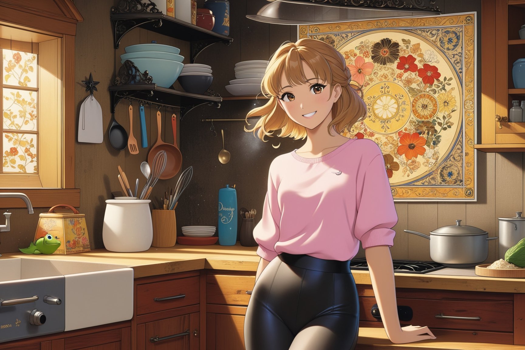 Highly detailed anime of a beautiful girl cooking in kitchen,20yo,1 girl,Big smile,short brown hair,[dark] brown skin,wearing a pink shirt and black leggings
BREAK
[backdrop of kitchen and livingroom,TV,sofa,1boy,cluttered maximalism],(girl focus)
BREAK 
(anime vibes:1.3),(Disney Pixar-style:1.3),rule of thirds,studio photo,(masterpiece,best quality,trending on artstation,8K,Hyper-detailed,intricate details),cinematic lighting,by Karol Bak,Gustav Klimt and Hayao Miyazaki,ani_booster,real_booster,art_booster