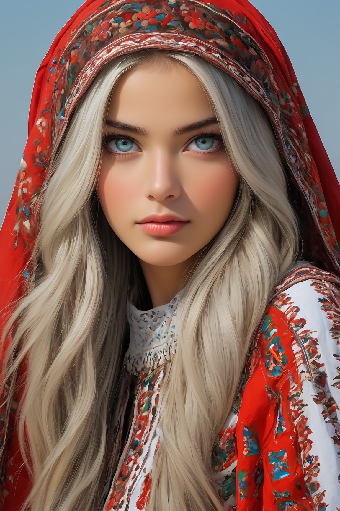 Beautiful Ukrainian girl,16 years old,A happy expression,Beautiful iris with high precision,blue eyes,Turkmenistan Chirpy,(Big breasts),(Deep cleavage),(long pure white hair),smooth hair,
Wearing traditional Turkmen wedding costumes intricately embroidered with delicate and beautiful patterns, characterized by bright colors and fine needlework, women wear headscarves and headdresses decorated with jewels and beads, adding elegance to their ensembles, earrings, necklaces, bracelets, and other accessories. accessories, red bottoms, and fur boots,Extremely Realistic,dal,ani_booster