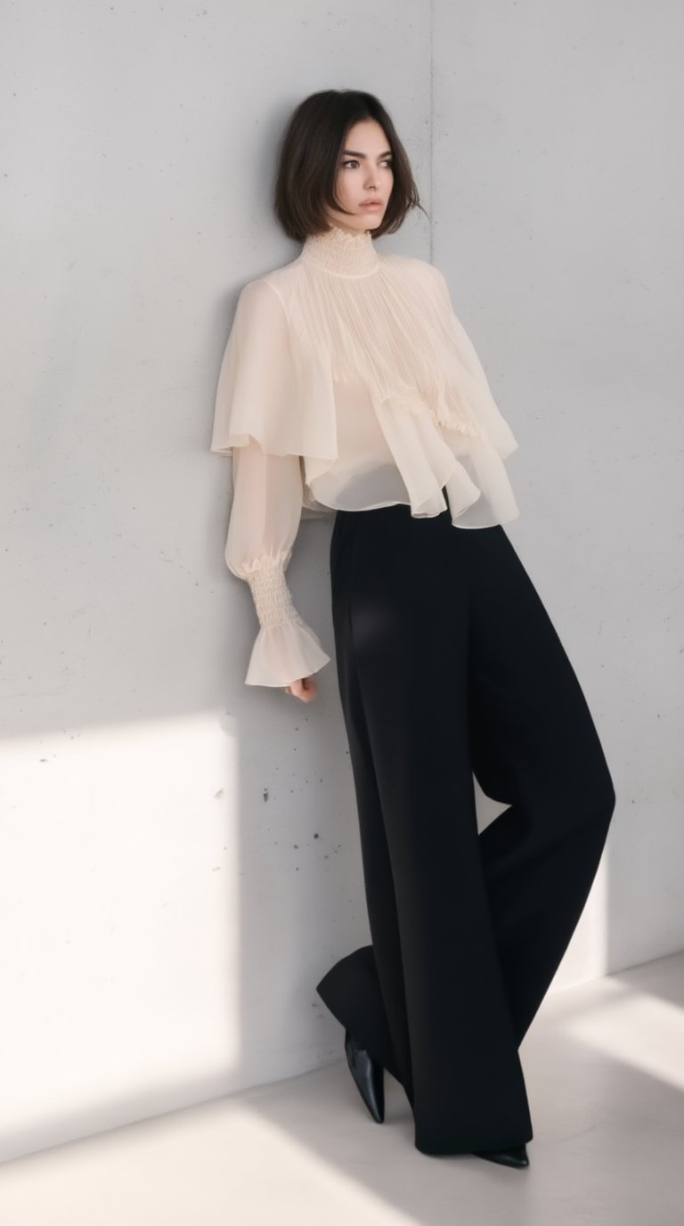 A high-end editorial fashion photo of a 20yo short tousled bob woman leaning against a minimal concrete wall,  full-body v...