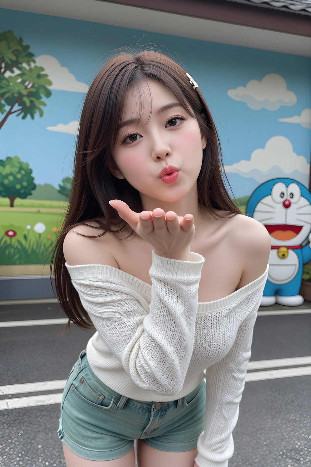 Beautiful and pretty young Korean woman with long hair with a hairpin and one ear is visible. A 25-year-old pretty influen...