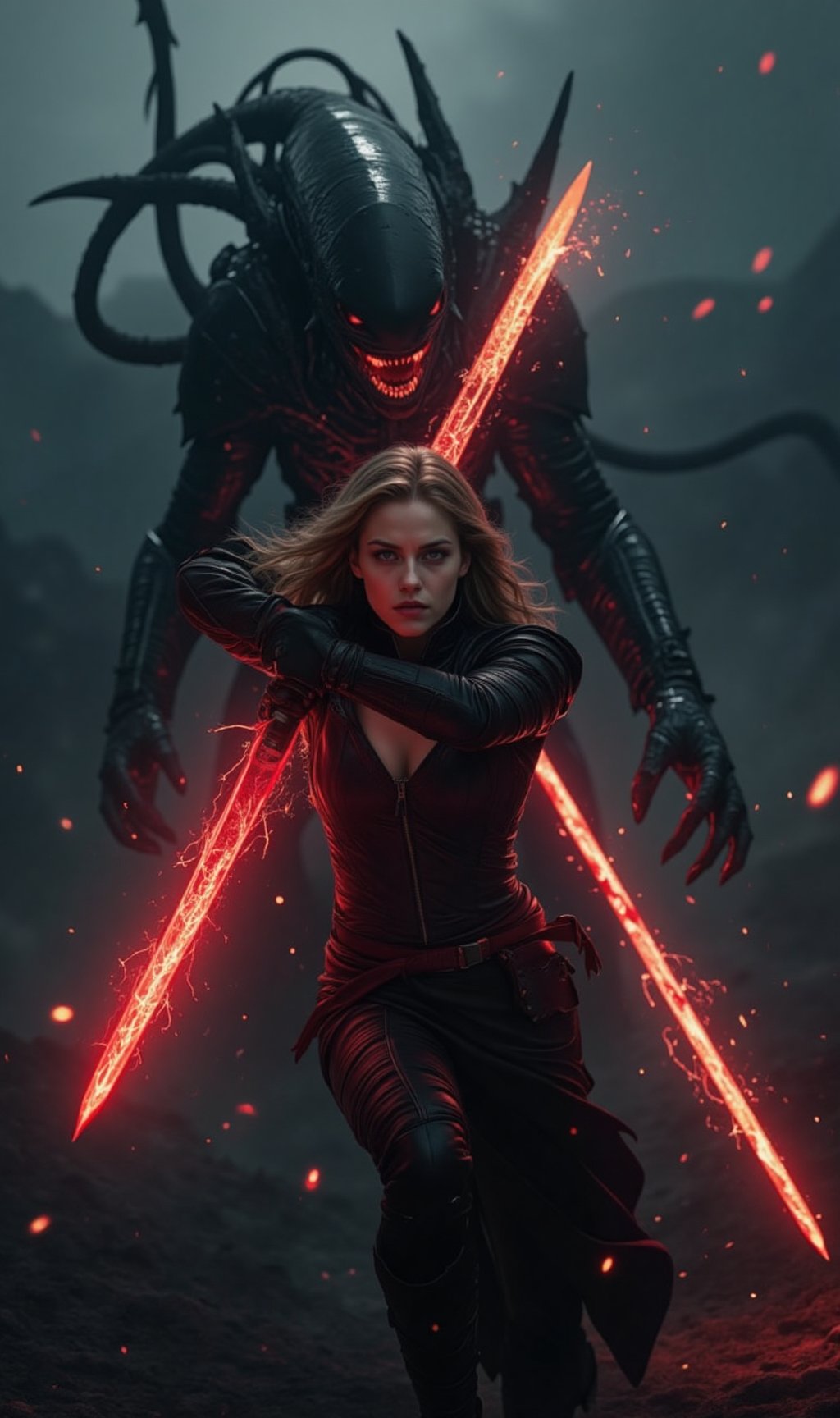 Luna Valen,  the noble vampire warrior,  charges fearlessly at the Alien creature amidst a dark by EclipseKww on Tensor.Art