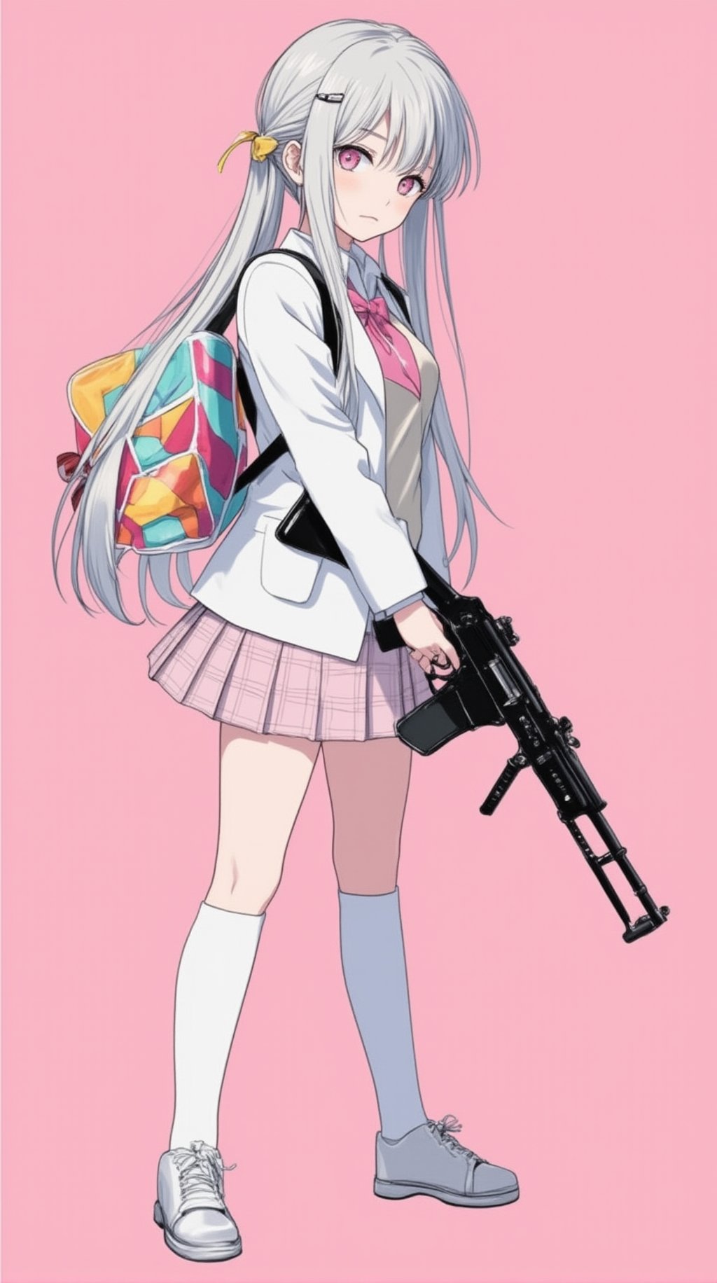 Anime of 1girl, solo, long hair, looking at viewer, bangs, skirt, simple background, shirt, hair ornament, long sleeves, pink background, bow, holding, twintails, closed mouth, school uniform, standing, jacket, full body, weapon, ahoge, grey hair, multicolored hair, pleated skirt, open clothes, shoes, socks, hairclip, bowtie, pink eyes, bag, holding weapon, open jacket, streaked hair, gun, plaid, kneehighs, white jacket, backpack, white socks, holding gun, rifle, yellow bow, sweater vest. (anime style by makoto shinkai:1.3), ek_an1_b00ster,ek_g1rl_02