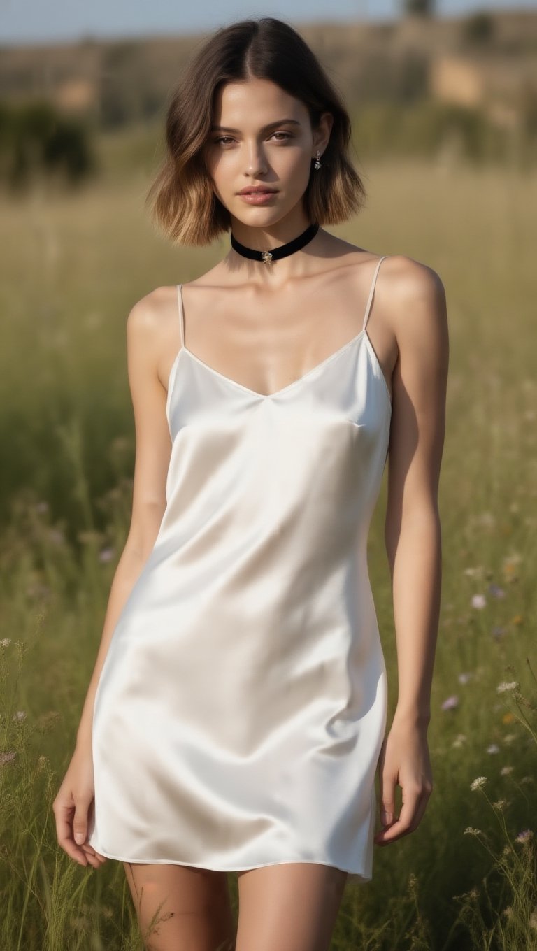 Ultra-realistic outdoor fashion photograph,  subject fills most of the frame (upper-thigh to head),  centered composition...