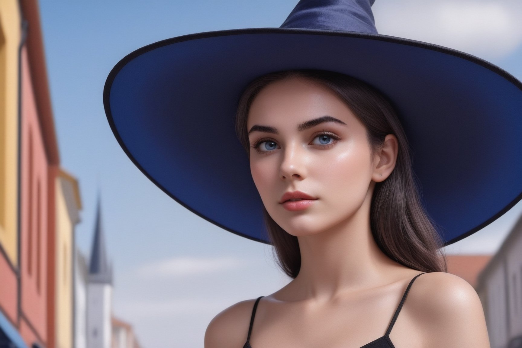 ((Ultra-Detailed)) portrait of a girl (wearing a witchhat:1.3),spanish girl,standing in a busy shoppping street,1 girl,20yo,detailed exquisite face,soft shiny skin,playful smirks,detailed pretty eyes,glossy lips 
BREAK
[backdrop:shopping street in a big city,people,cars,blue sky,cloud],(girl focus)
BREAK 
(sharp focus,high contrast),studio photo,trending on artstation,(ultra-realistic,Super-detailed,intricate details,HDR,8K),chiaroscuro lighting,soft rim lighting,key light reflecting in the eyes,vibrant colors,by Karol Bak,Antonio Lopez,Gustav Klimt and Hayao Miyazaki,
(inkycapwitchyhat),real_booster,photo_b00ster,art_booster,ani_booster