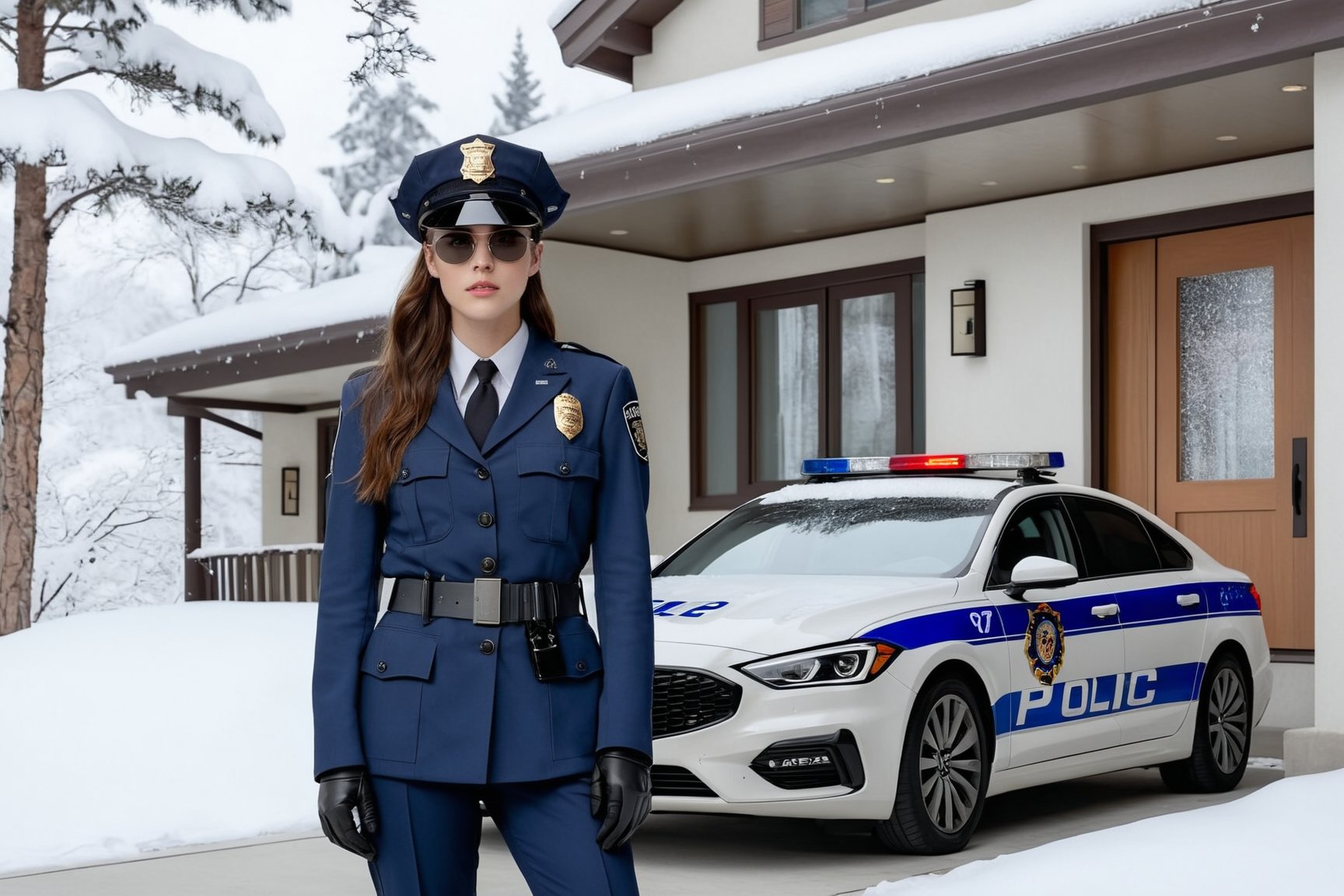 Hyper-Realistic photo of a beautiful LAPD police officer standing in front of a winter resort house,20yo,1girl,solo,LAPD police uniform,cap,detailed exquisite face,soft shiny skin,smile,sunglasses,looking at viewer,Kristen Stewart lookalike,cap,fullbody:1.3
BREAK
backdrop:luxurious modern resort house,police car,road,snow,tree,girl focus,[cluttered maximalism]
BREAK
settings: (rule of thirds1.3),perfect composition,studio photo,trending on artstation,depth of perspective,(Masterpiece,Best quality,32k,UHD:1.4),(sharp focus,high contrast,HDR,hyper-detailed,intricate details,ultra-realistic,kodachrome 800:1.3),(cinematic lighting:1.3),(by Karol Bak$,Alessandro Pautasso$,Gustav Klimt$ and Hayao Miyazaki$:1.3),art_booster,photo_b00ster, real_booster,w1nter res0rt