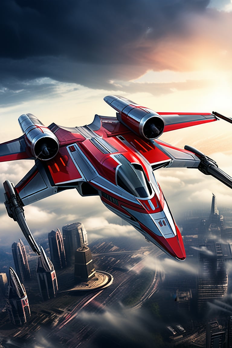 A realistic photo of starship x-wing starfighter in Star Wars universe,  red striped body,  flying over a futuristic city...