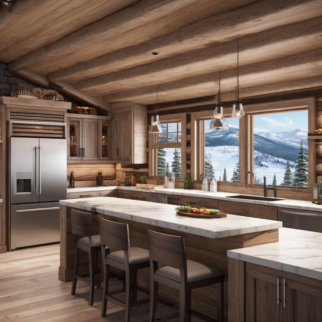 A realistic photo of kitchen in luxury cabin of winder resort1,  modern luxury cabin,  winter resort1 by EclipseKww on Ten...