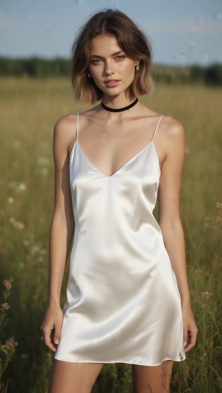 Ultra-realistic outdoor fashion photograph,  subject fills most of the frame (upper-thigh to head),  centered composition...