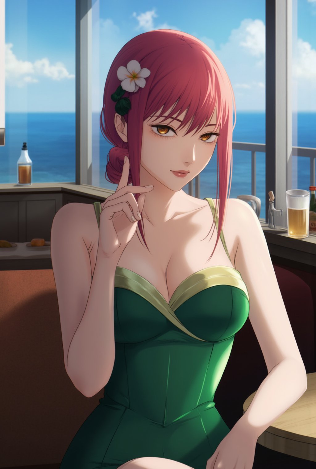 Anime of a beautiful woman in a cafe,Makima  lookalike,exquisite face,soft shiny skin,elegant dress,[Emerald Green,Salmon Rose,Velvet Violet and Ivory Cream colors],backdrop of oceanview cafe,window,table,beer mug,bottle,flower,realistic,detailed,sharp focus,high contrast,rule of thirds,chiaroscuro lighting,by the style of makoto shinkai's artworks,,ek_art_b00ster,ek_an1_b00ster,flux_makima