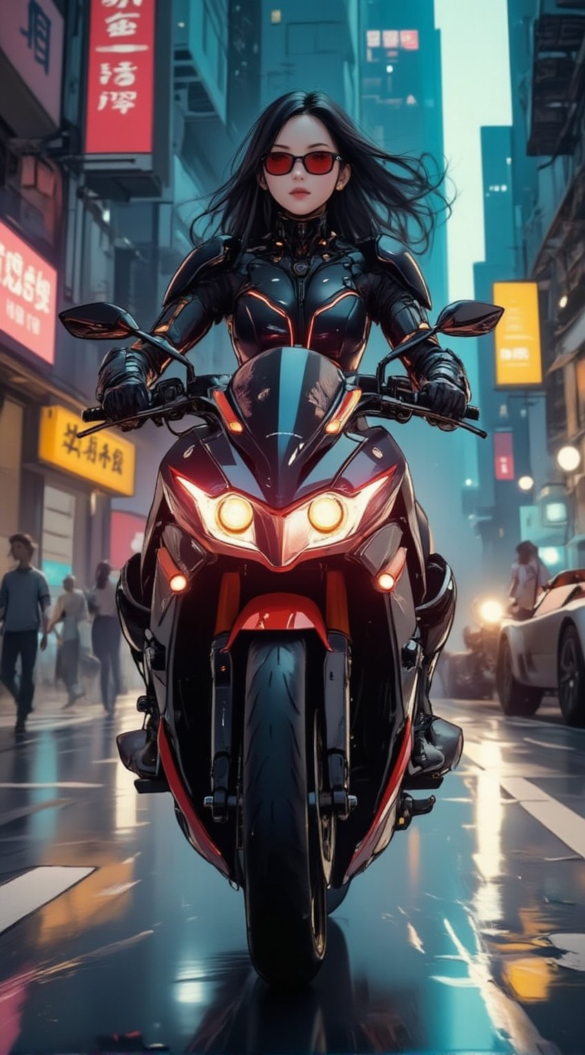 anime of a cyborg girl in mecha armor. Black and red colored armor. neon light lines glowing, exquisite face, soft shiny skin, longhair blowing, sunglasses. riding a motor cycle, kawasaki ninja h2r at high speed,city street backdrop,puddles,focused expression,dark
BREAK
anime style,detailed,sharp focus,high contrast,rule of thirds,depth of perspective,award-winning photo,chiaroscuro lighting,ek_g1rl_02,acryli painting,ink style,ek_an1_b00ster