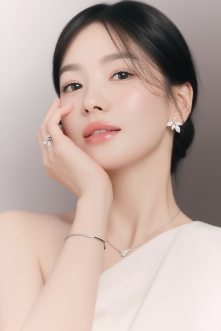 A high-end editorial close-up portrait of a beautiful 20yo woman. Tight framing from shoulders up,  elegant composition wi...