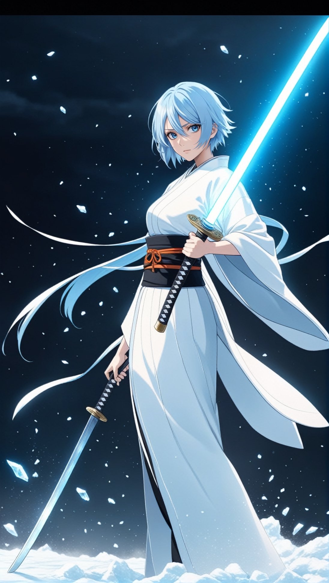 Hyper-detailed anime of 1girl,solo,kuchiki rukia \(Bleach\),short hair,blue eyes,light blue hair,model body,perfect female form,fairy-like,weapon,(White japanese clothes:1.3),sword,swinging sword,cloud,(Mysterious white Majestic luxurious and emitting kimono for royalty:1.3),flowing lines from clothes,ice pieces,bankai force \(Bleach\),ice smoke,strong aura,white ice and snow,holy atmosphere,mesmerizing,katana,letterboxed,fullbody,low-key,cluttered maximalism
BREAK 
(rule of thirds:1.3),perfect composition,trending on artstation,(thick and clear drawing lines:1.3),(masterpiece,best quality,32K,UHD,sharp focus,high contrast,hyper-detailed,intricate details,ultra-clear,cinematic lighting,vivid colors:1.5),ani_booster, real_booster