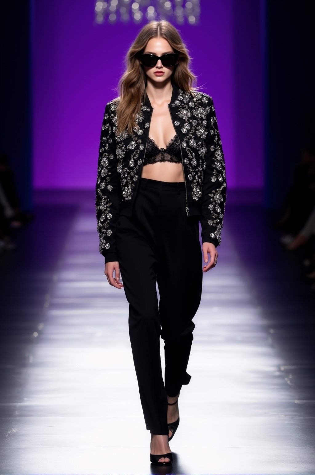 a half-body high-fashion editorial portrait of a glamorous woman walking down a dramatic runway,  wearing an oversized bla...