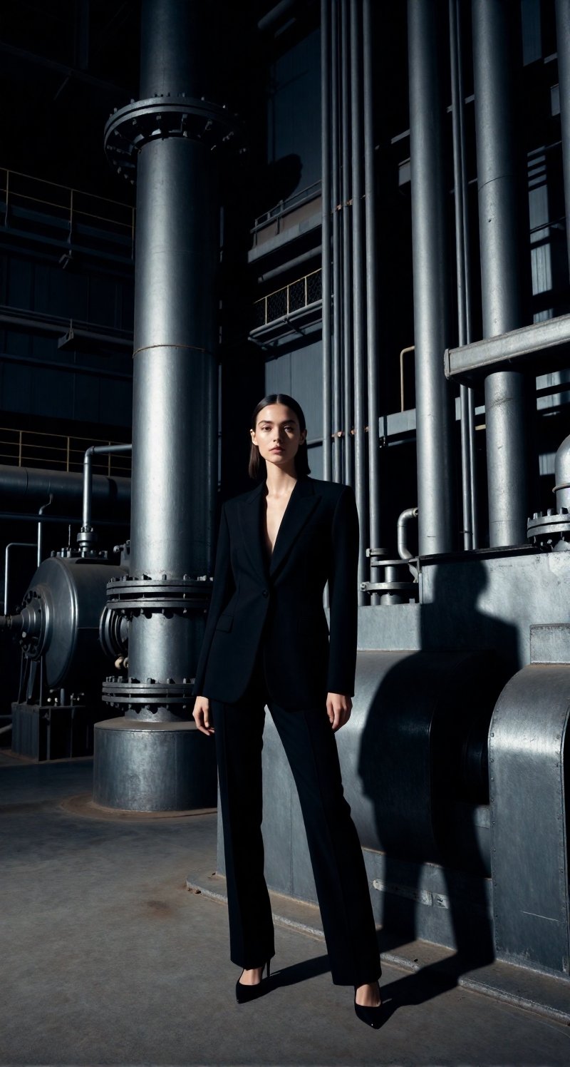 A head-to-toe cinematic fashion portrait of a young woman standing alone inside a massive industrial power plant interior....