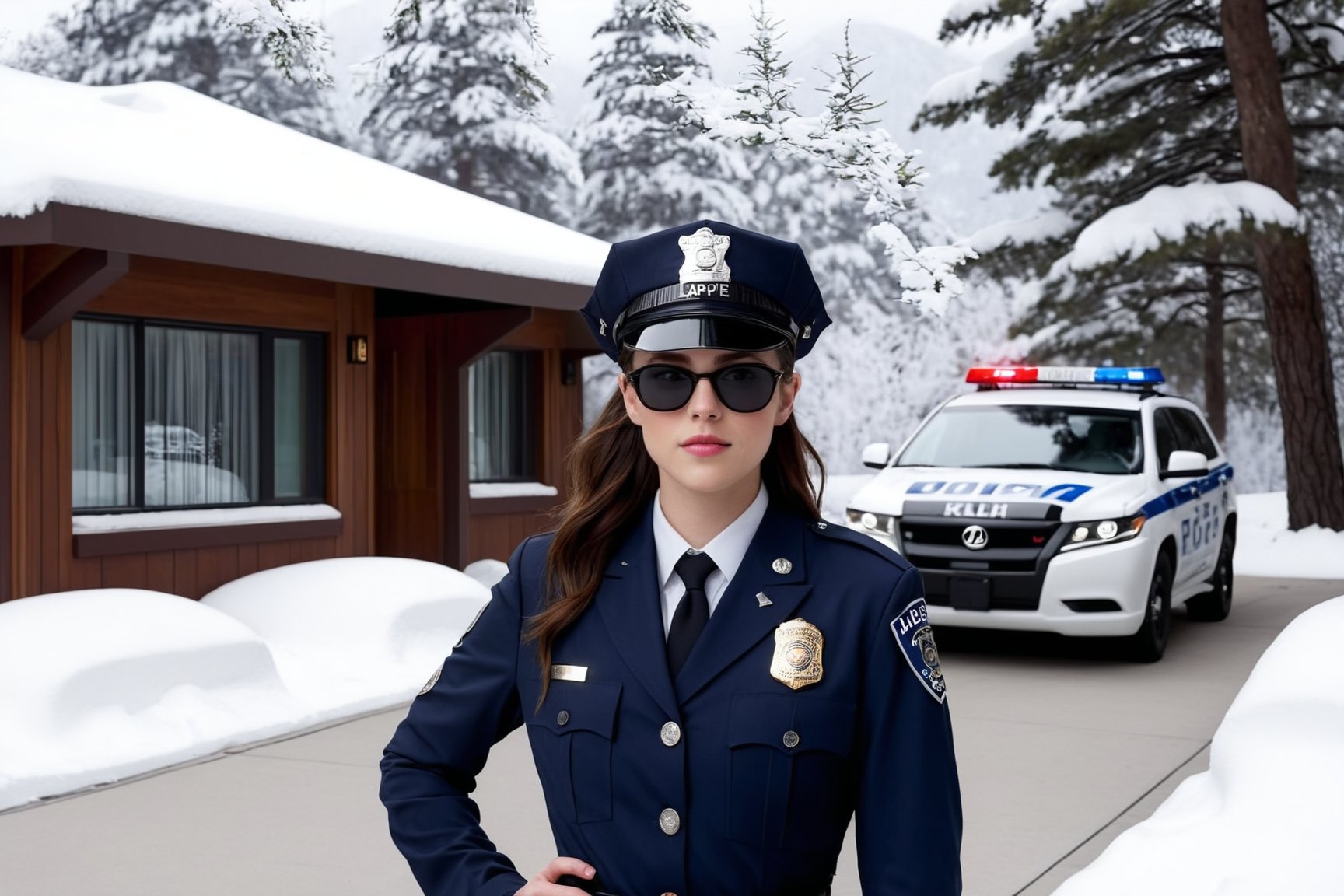 Hyper-Realistic photo of a beautiful LAPD police officer standing in front of a winter resort house,20yo,1girl,solo,LAPD police uniform,cap,detailed exquisite face,soft shiny skin,smile,sunglasses,looking at viewer,Kristen Stewart lookalike,cap,fullbody:1.3
BREAK
backdrop:luxurious modern resort house,police car,road,snow,tree,girl focus,[cluttered maximalism]
BREAK
settings: (rule of thirds1.3),perfect composition,studio photo,trending on artstation,depth of perspective,(Masterpiece,Best quality,32k,UHD:1.4),(sharp focus,high contrast,HDR,hyper-detailed,intricate details,ultra-realistic,kodachrome 800:1.3),(cinematic lighting:1.3),(by Karol Bak$,Alessandro Pautasso$,Gustav Klimt$ and Hayao Miyazaki$:1.3),art_booster,photo_b00ster, real_booster,w1nter res0rt