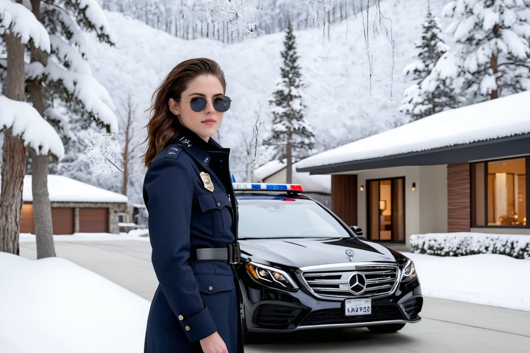 Hyper-Realistic photo of a beautiful LAPD police officer standing in front of a winter resort house,20yo,1girl,solo,LAPD police uniform,cap,detailed exquisite face,soft shiny skin,smile,sunglasses,looking at viewer,Kristen Stewart lookalike,cap,fullbody:1.3
BREAK
backdrop:luxurious modern resort house,police car,road,snow,tree,girl focus,[cluttered maximalism]
BREAK
settings: (rule of thirds1.3),perfect composition,studio photo,trending on artstation,depth of perspective,(Masterpiece,Best quality,32k,UHD:1.4),(sharp focus,high contrast,HDR,hyper-detailed,intricate details,ultra-realistic,kodachrome 800:1.3),(cinematic lighting:1.3),(by Karol Bak$,Alessandro Pautasso$,Gustav Klimt$ and Hayao Miyazaki$:1.3),art_booster,photo_b00ster, real_booster,w1nter res0rt