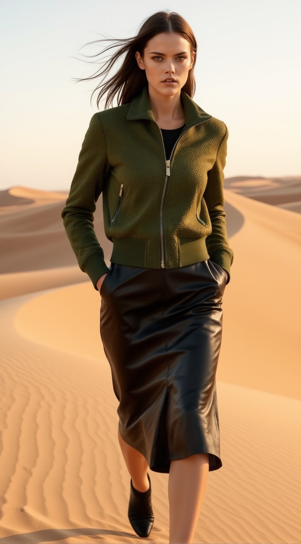 a full-body high-fashion editorial shot of a chic woman with a slender oval face,  high cheekbones,  sharp almond eyes by...