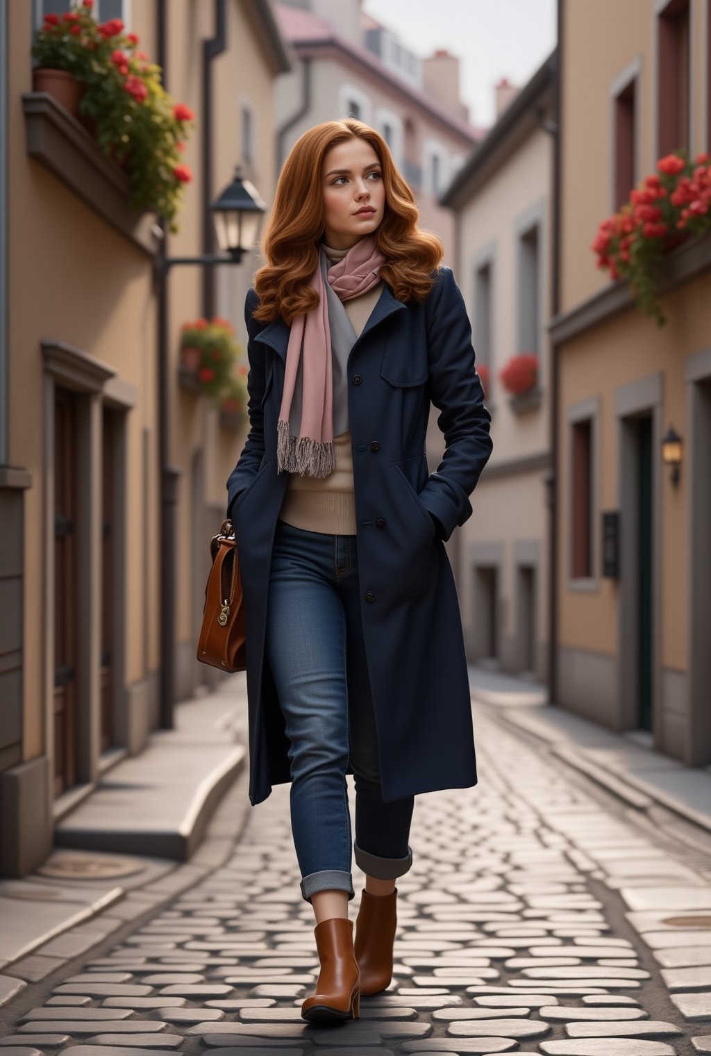 A stunning 20-year-old woman with a chic, contemporary style, strolling along a cobblestone street in a quaint European village. Her auburn hair is styled in loose waves that cascade over her shoulders, highlighting her warm brown eyes and soft, radiant complexion.
She wears a fitted, navy blue trench coat cinched at the waist, over a cream-colored turtleneck sweater, paired with ankle-length, dark denim jeans that flatter her figure. On her feet, she wears classic, tan leather ankle boots, and a delicate scarf in shades of blush pink and gray drapes around her neck. A vintage-inspired leather satchel hangs from her shoulder, adding a touch of rustic charm. Her expression is thoughtful yet serene, capturing a moment of quiet elegance as she enjoys a leisurely walk, surrounded by charming old-world architecture and flower-filled window boxes. realistic,detailed,sharp focus,high contrast,trending on artstation,rule of thirds,depth of perspective,chiaroscuro lighting.ek_ph0t0_b00ster,jisosmile