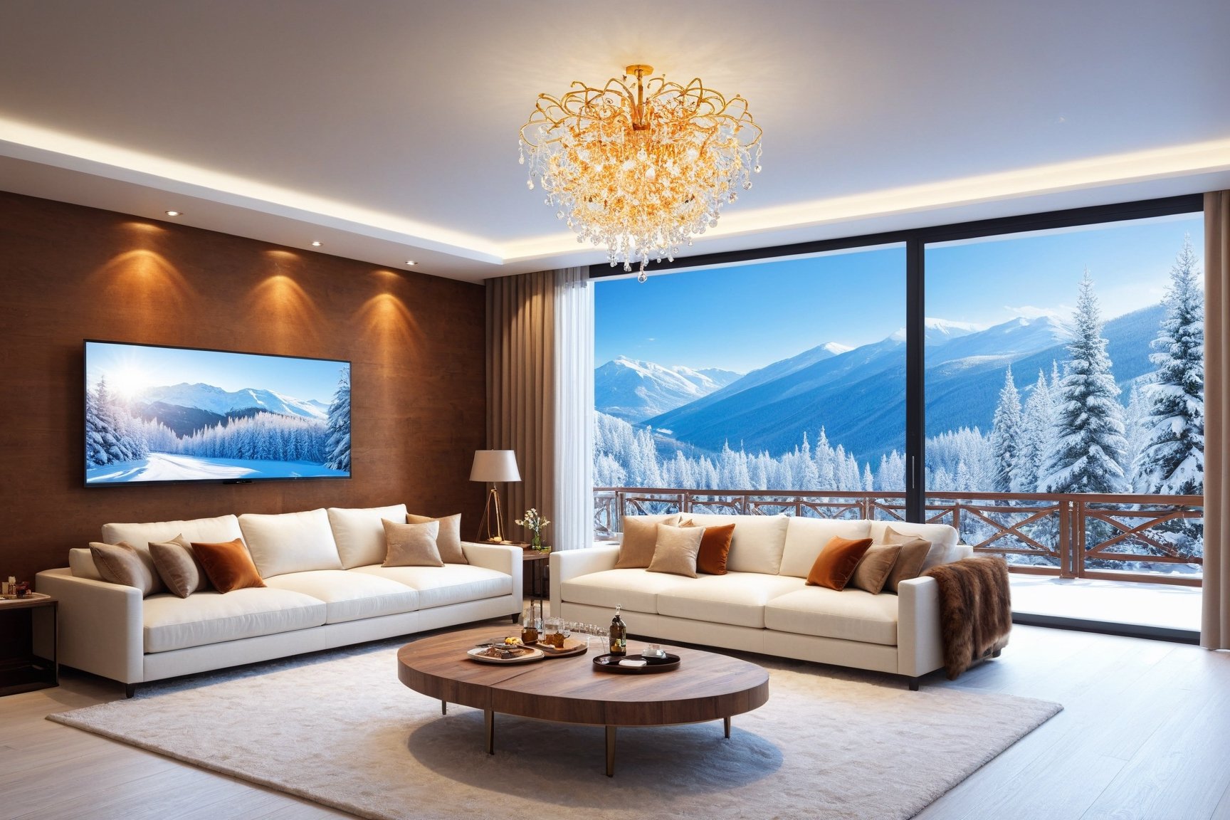 ((Hyper-Realistic)) photo of luxurious modern livingroom in a cabin of winter resort,indoors,
(luxurious furnitures:table,sofa,airconditioner,big screen TV,ceiling chandelier),curtains,window,snow,tree
BREAK
aesthetic,rule of thirds,depth of perspective,studio photo,trending on artstation,(Hyper-realistic photography,masterpiece,ultra-detailed,intricate details,16K,sharp focus,high contrast,kodachrome 800,HDR:1.2),by Antonio Lopez,Diego Koi,David Parrish,Canaletto and Samuel Silva,
w1nter res0rt,H effect,art_booster,ani_booster