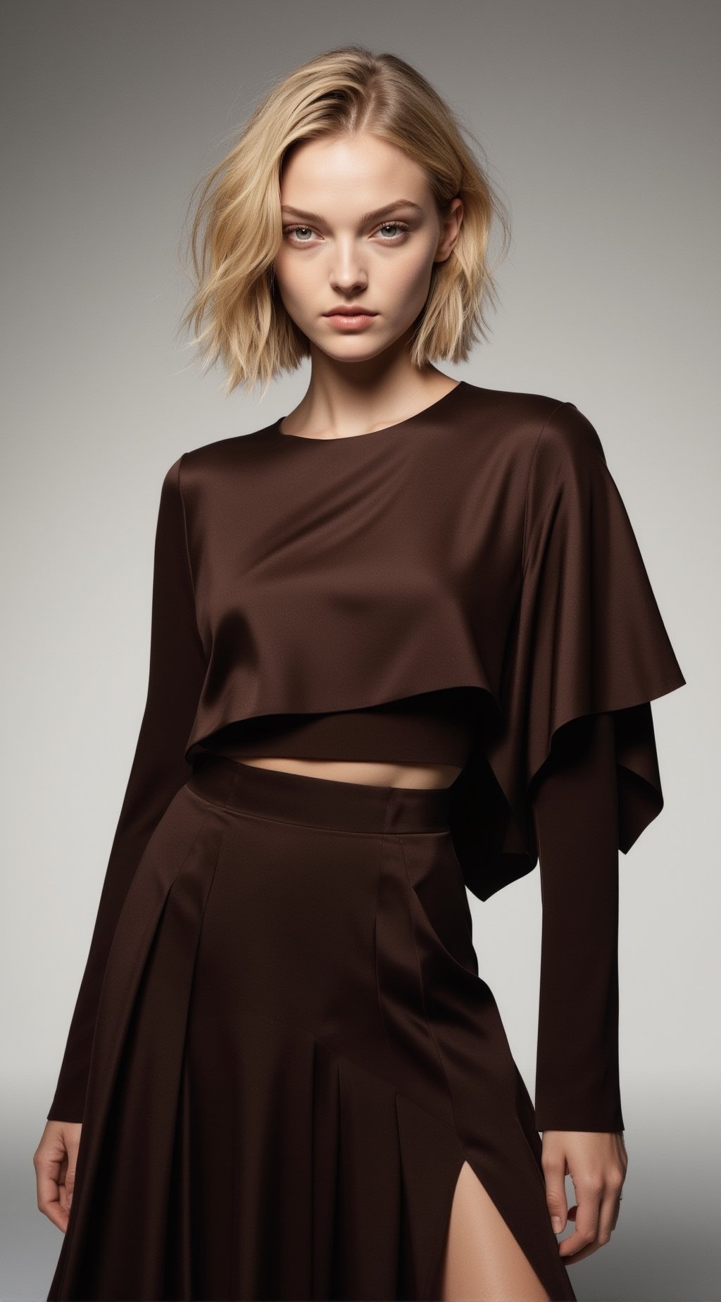 a high-fashion editorial portrait of a chic woman with a slender oval face,  higher cheekbones,  crisp jawline by EclipseK...