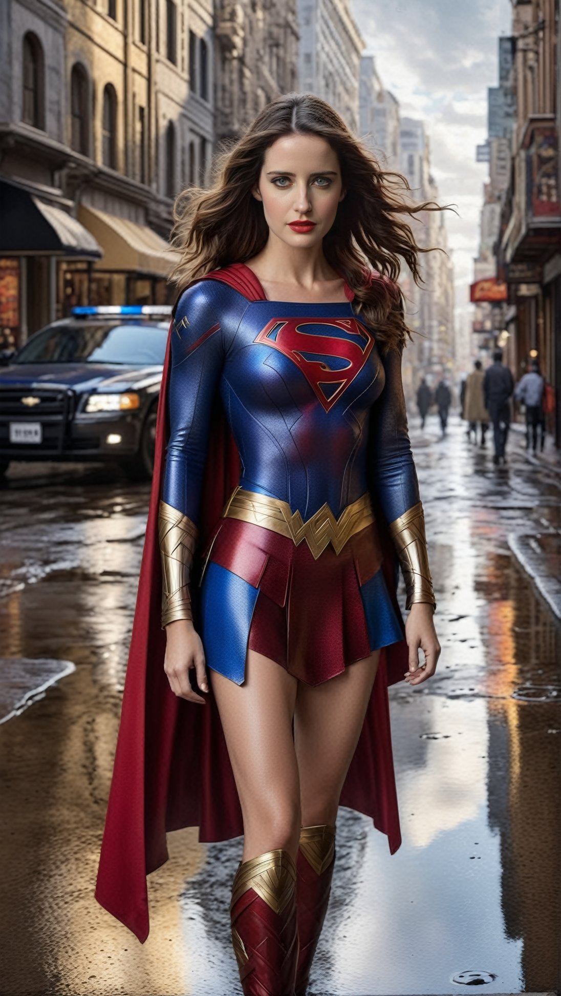 Hyper-Realistic photo of a beautiful Supergirl standing in a street,20yo,1girl,solo,Supergirl costume with big S mark,cape,detailed exquisite face,looking at viewer,Eva Green lookalike
BREAK
backdrop:city street,police car,puddles,cluttered maximalism
BREAK
settings: (rule of thirds1.3),perfect composition,studio photo,trending on artstation,depth of perspective,(Masterpiece,Best quality,32k,UHD:1.4),(sharp focus,high contrast,HDR,hyper-detailed,intricate details,ultra-realistic,kodachrome 800:1.3),(chiaroscuro lighting:1.3),(by Karol Bak $,Alessandro Pautasso $,Gustav Klimt $ and Hayao Miyazaki $:1.3),art_booster, photo_b00ster,real_booster,wonder-woman-xl