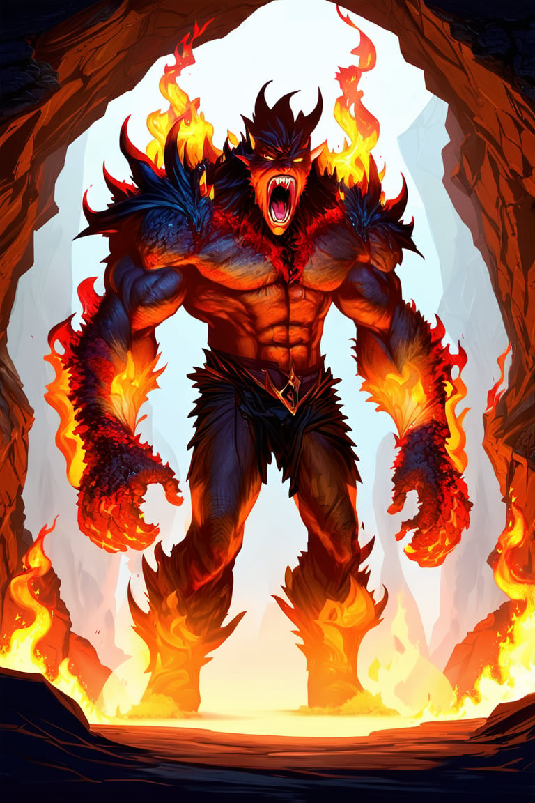 An evil man stands in a cave. He uses magic spell and turns into the fire monster \(ek_ge1frt\), looking at viewer,roaring,fire elemental effect, ek_game_3ffect,