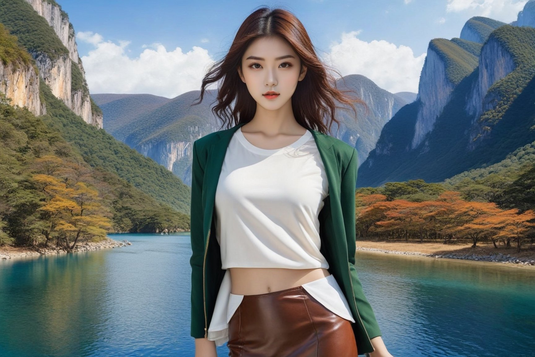 ((Hyper-Realistic)) photo of a beautiful girl standing in a national park,(kirishima touka),20yo,detailed exquisite face,detailed soft skin,hourglass figure,perfect female form,model body,(perfect hands:1.2),(elegant jacket, shirt and skirt),(backdrop: beautiful mountain with river,lake,tree, forest,rock and reflection in water),(girl and mountain focus),v1sta1
BREAK 
aesthetic,rule of thirds,depth of perspective,perfect composition,studio photo,trending on artstation,cinematic lighting,(Hyper-realistic photography,masterpiece, photorealistic,ultra-detailed,intricate details,16K,sharp focus,high contrast,kodachrome 800,HDR:1.2),by Karol Bak,Gustav Klimt and Hayao Miyazaki, real_booster,art_booster,ani_booster,y0sem1te,H effect